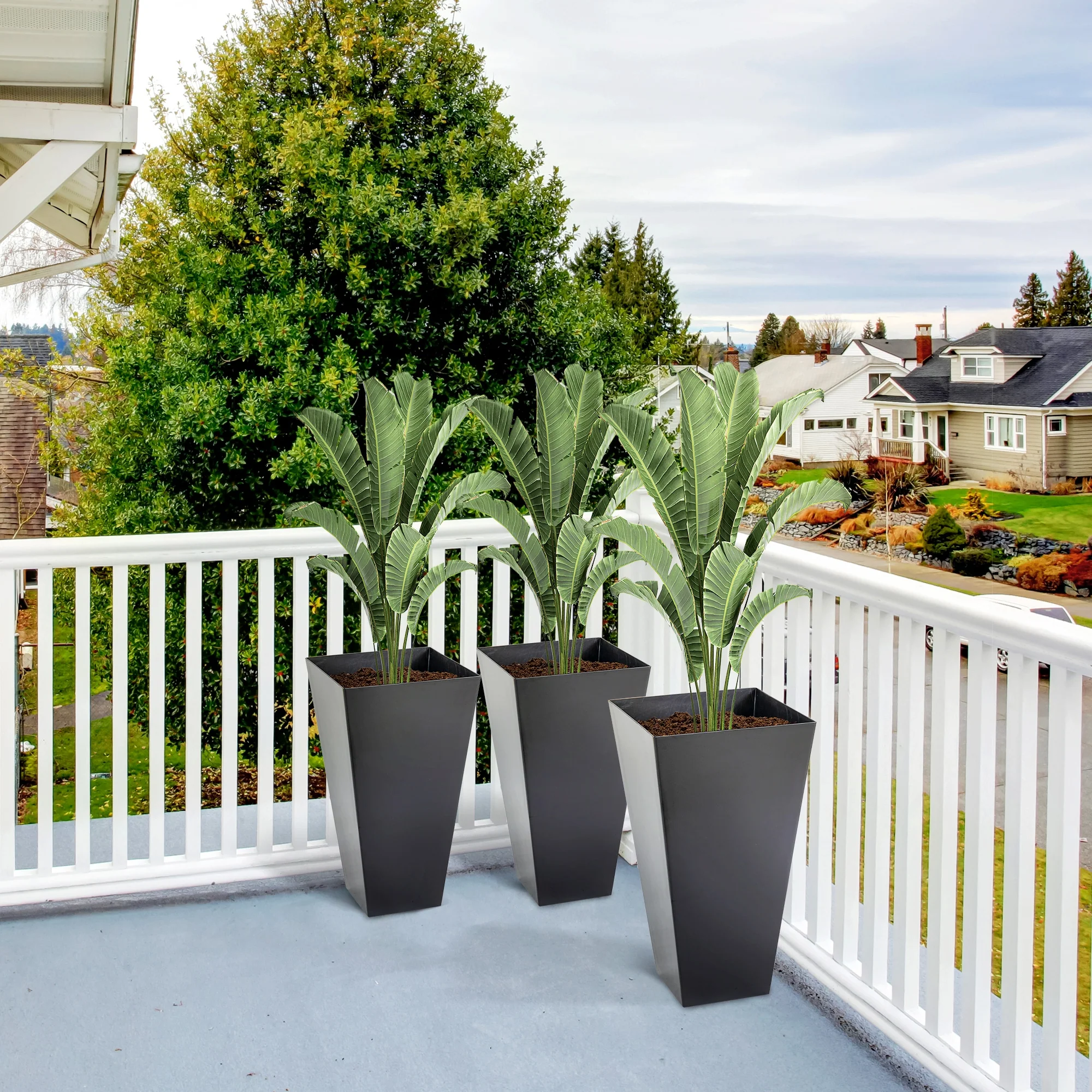 28" Tall Planters for Outdoor Plants with Drainage Hole, Set of 3 Taper Indoor Outdoor Planters, Large Plastic Garden Flower Pots for Porch, Patio, Yard, Black - Image 3