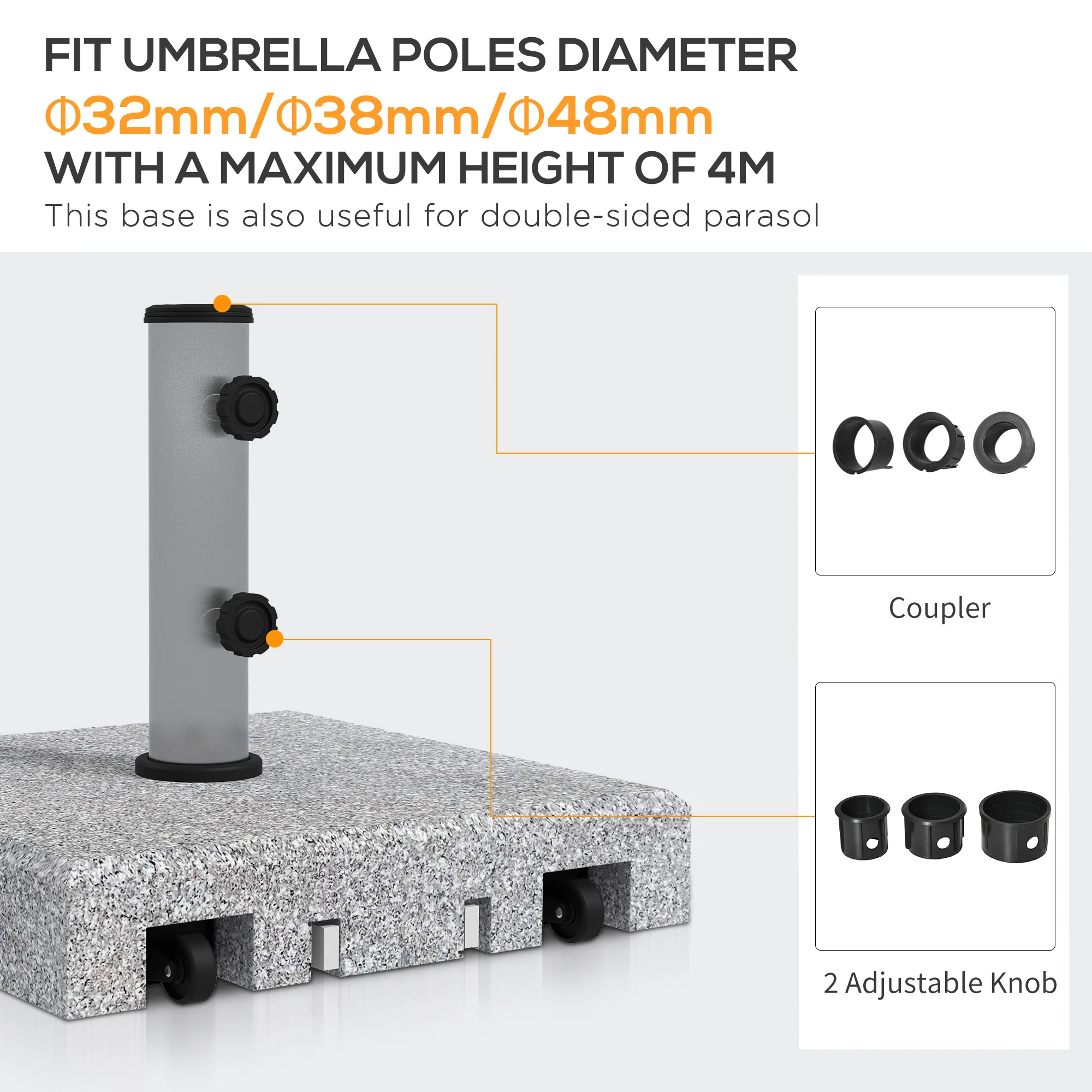 28kg Garden Parasol Base w/ Wheels and Retractable Handle for 32, 38, 48 mm Poles, Grey - Image 6