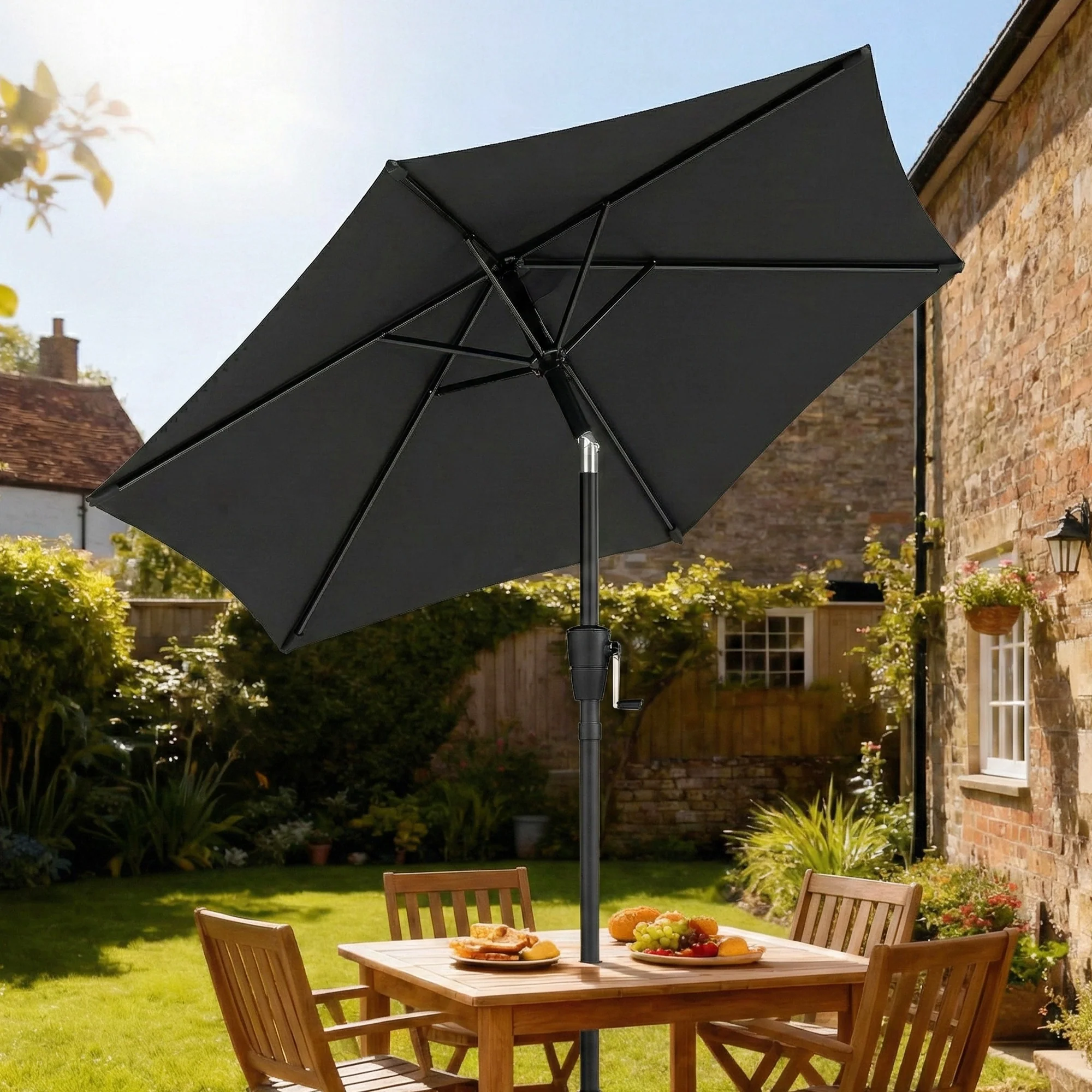 2 m Garden Parasol with Crank Handle, Tilt Function & UV30+, Black - Image 11