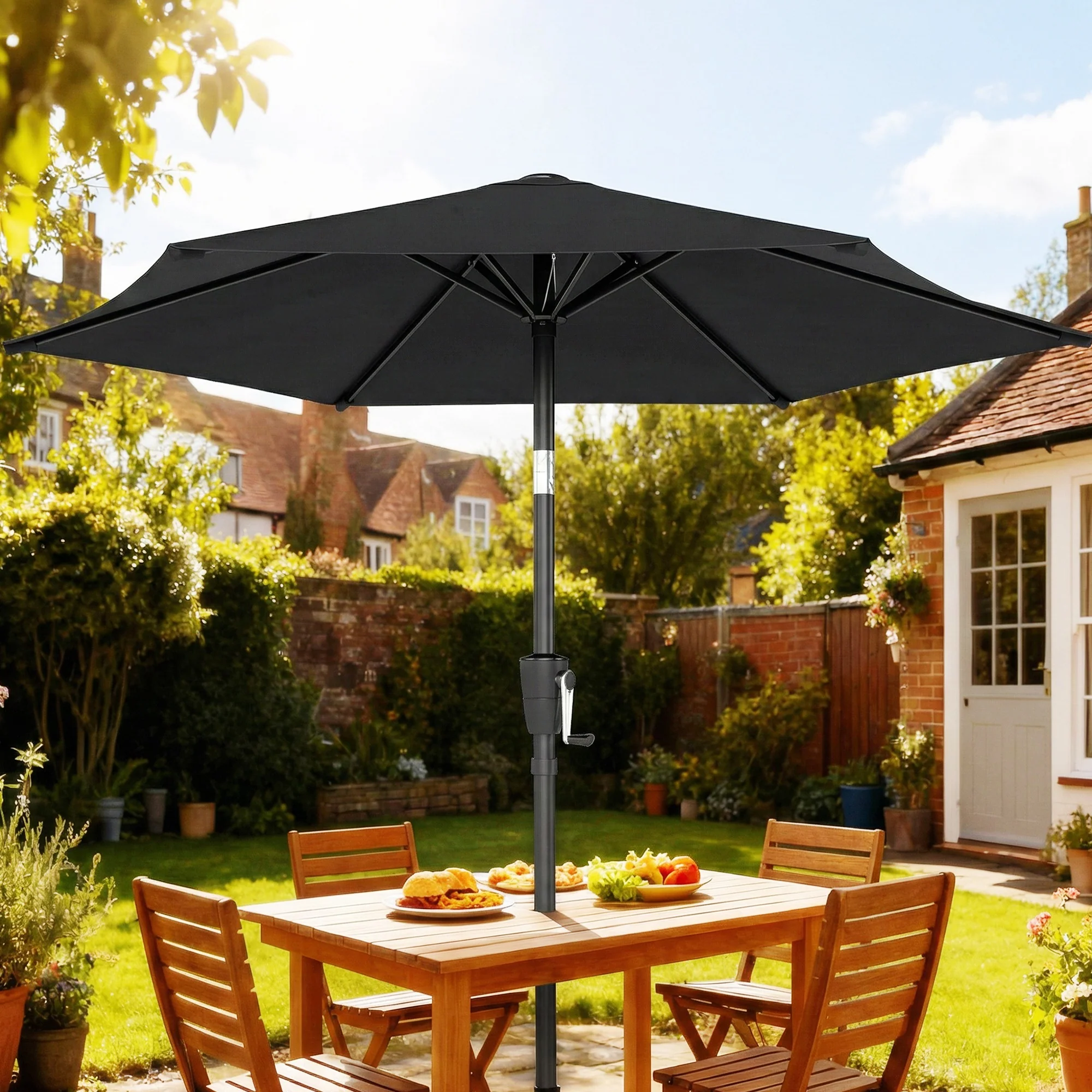 2 m Garden Parasol with Crank Handle, Tilt Function & UV30+, Black - Image 4