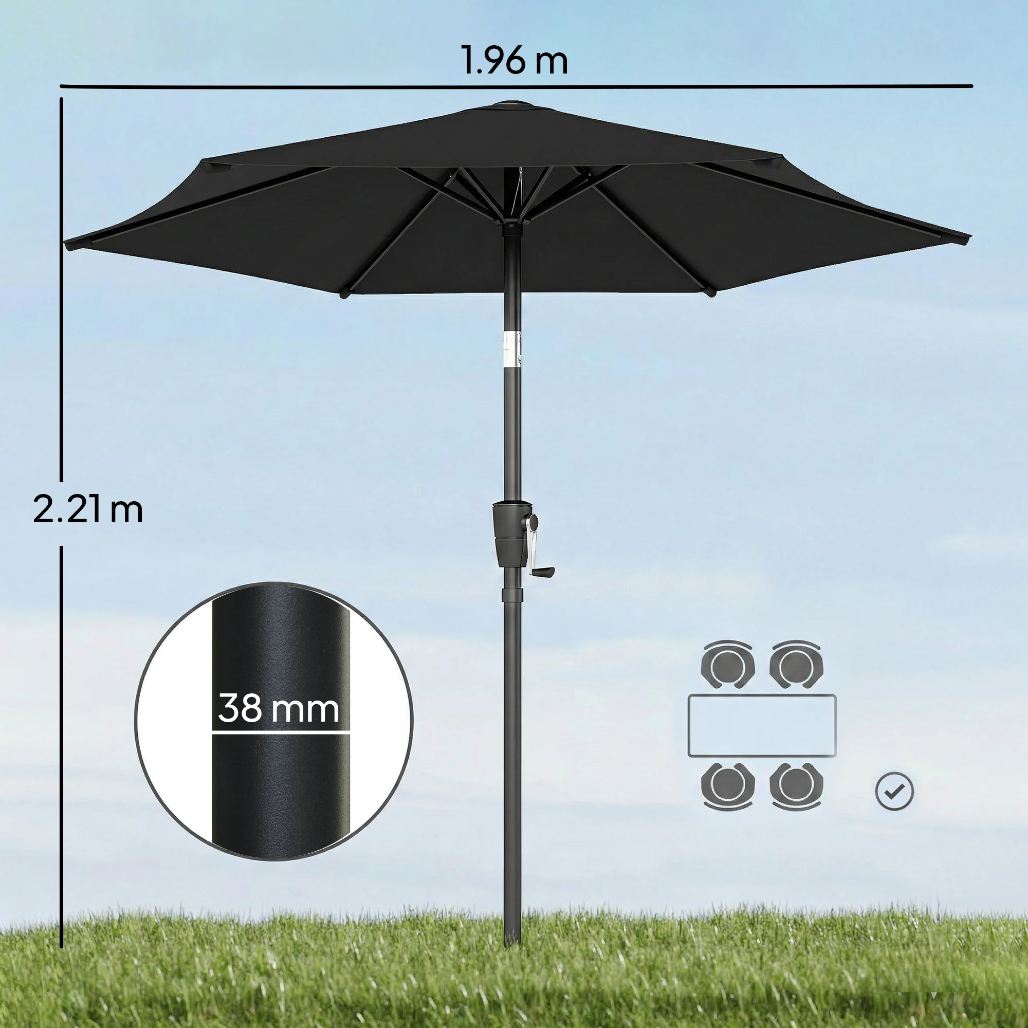 2 m Garden Parasol with Crank Handle, Tilt Function & UV30+, Black - Image 5
