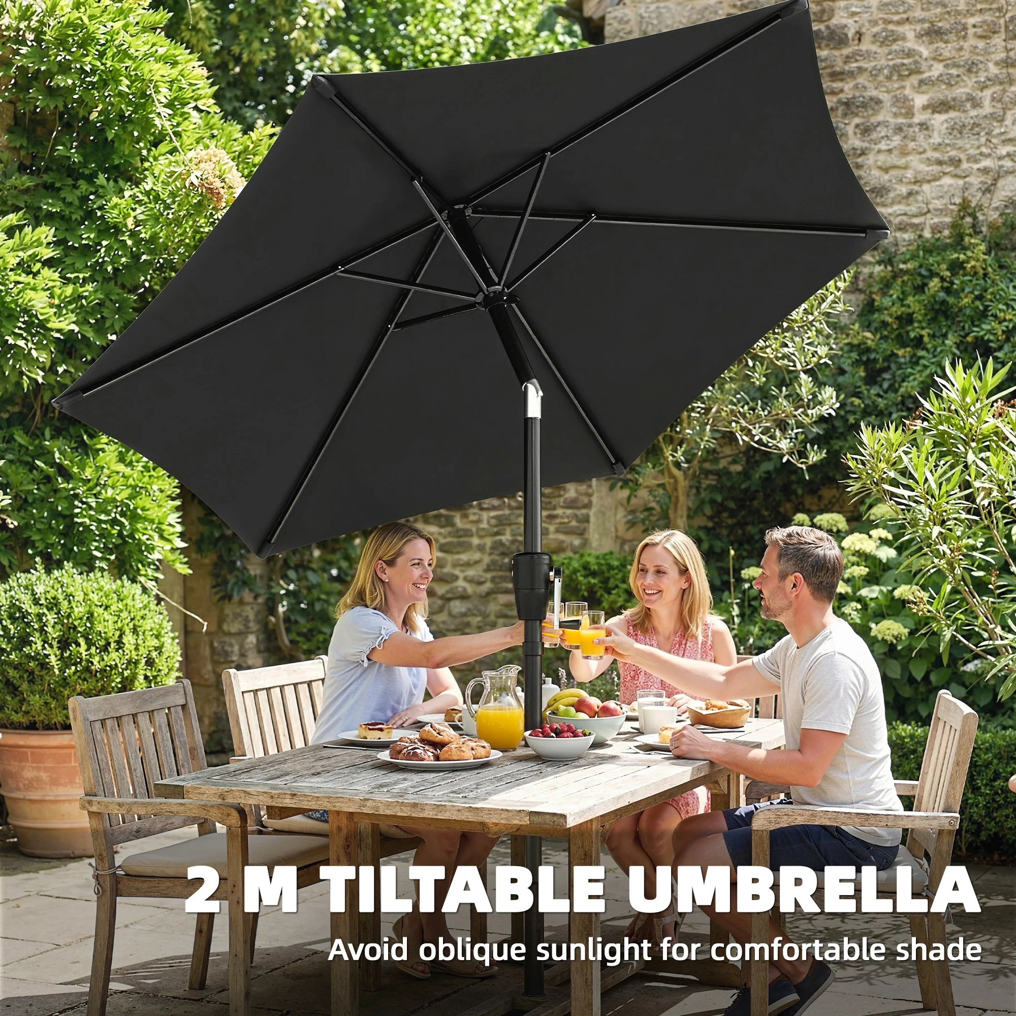 2 m Garden Parasol with Crank Handle, Tilt Function & UV30+, Black - Image 6