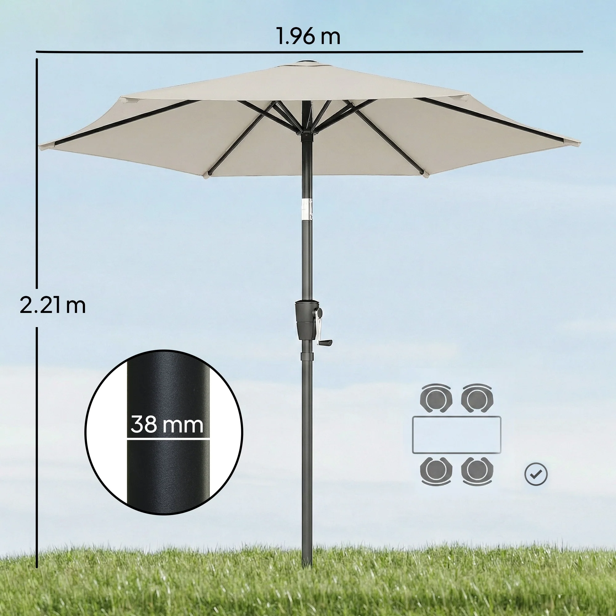 2 m Garden Parasol with Crank Handle, Tilt Function & UV30+, Light Grey - Image 5