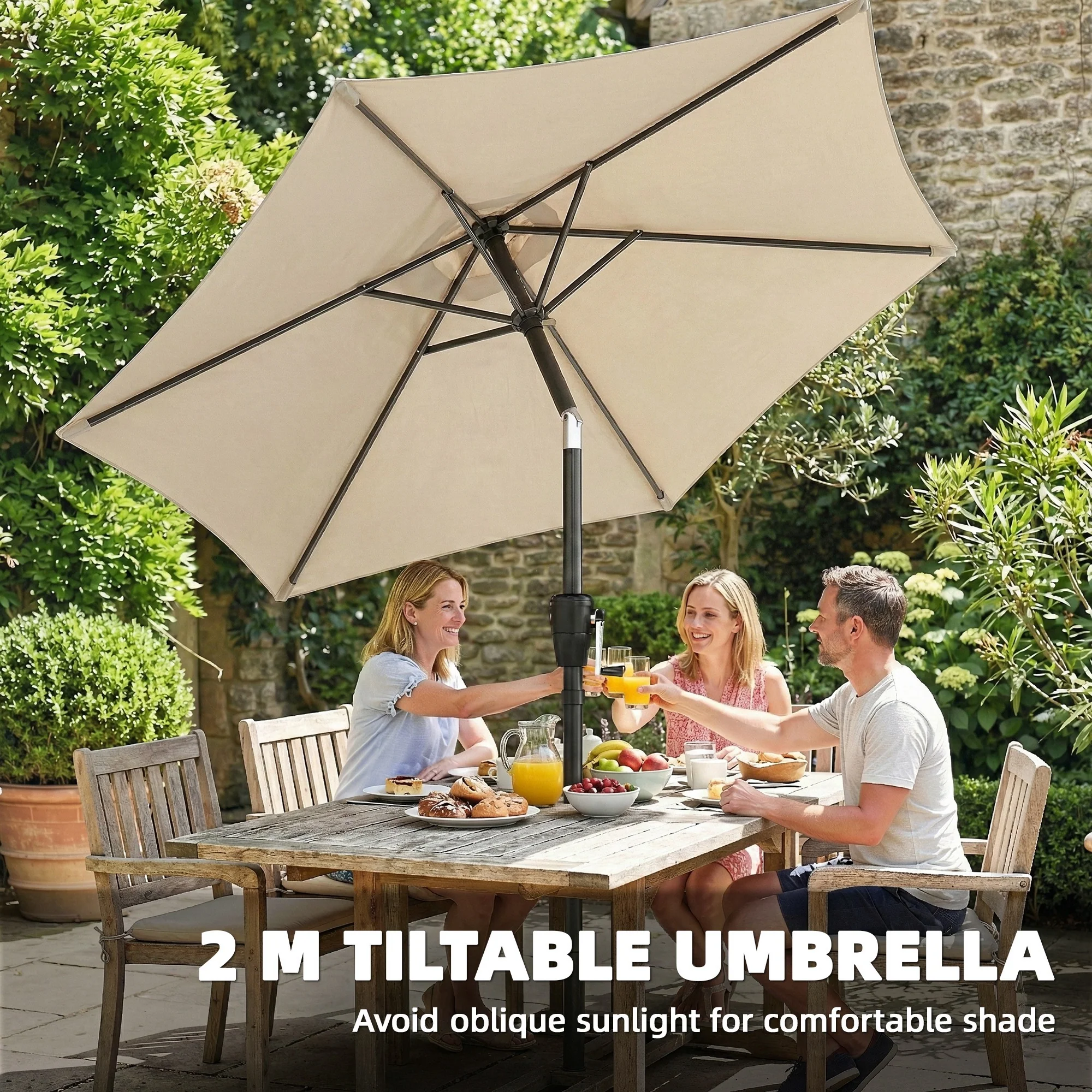2 m Garden Parasol with Crank Handle, Tilt Function & UV30+, Light Grey - Image 6