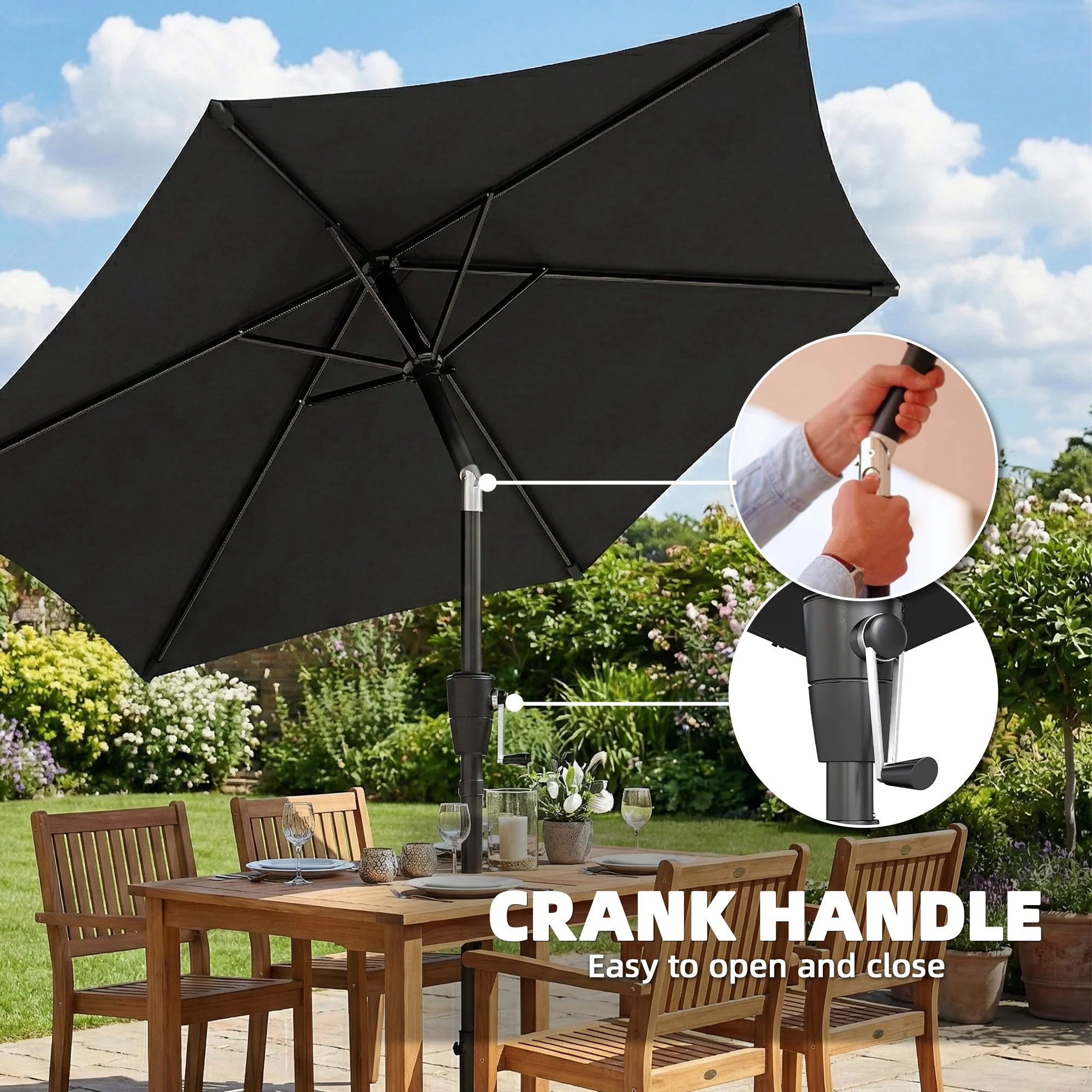 2 m Garden Parasol with Crank Handle, Tilt Function & UV30+, Black - Image 9