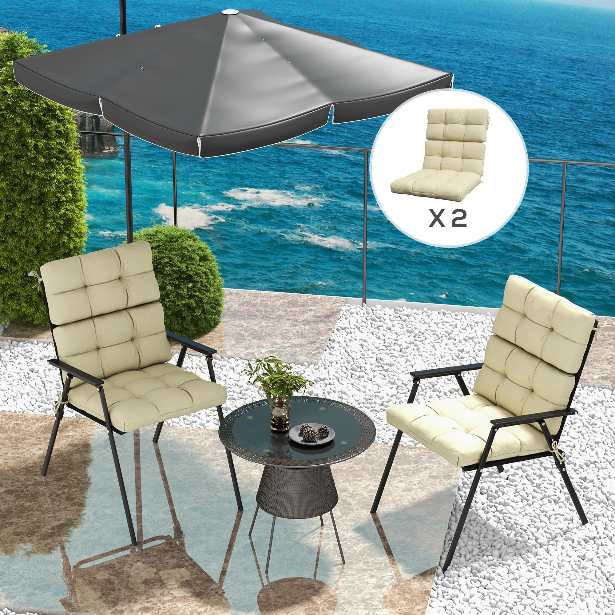 2pc Outdoor Seat Cushions with Backrest & Ties, Water Repellent Chairs Seat Pads, Beige - Image 3