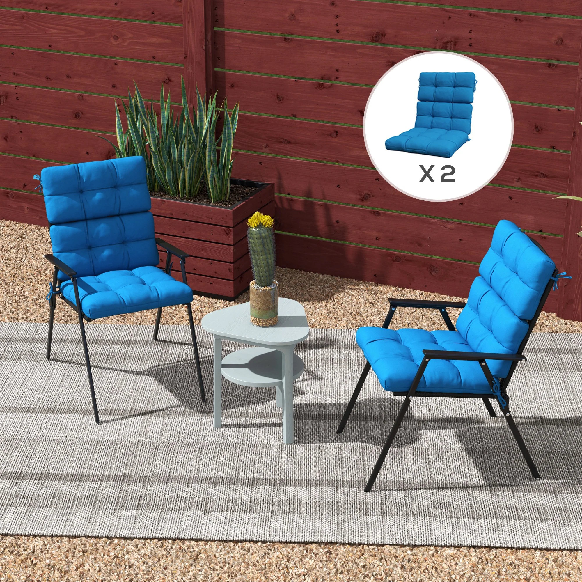 2pc Outdoor Seat Cushions with Backrest & Ties, Water Repellent Chairs Seat Pads, Blue - Image 4