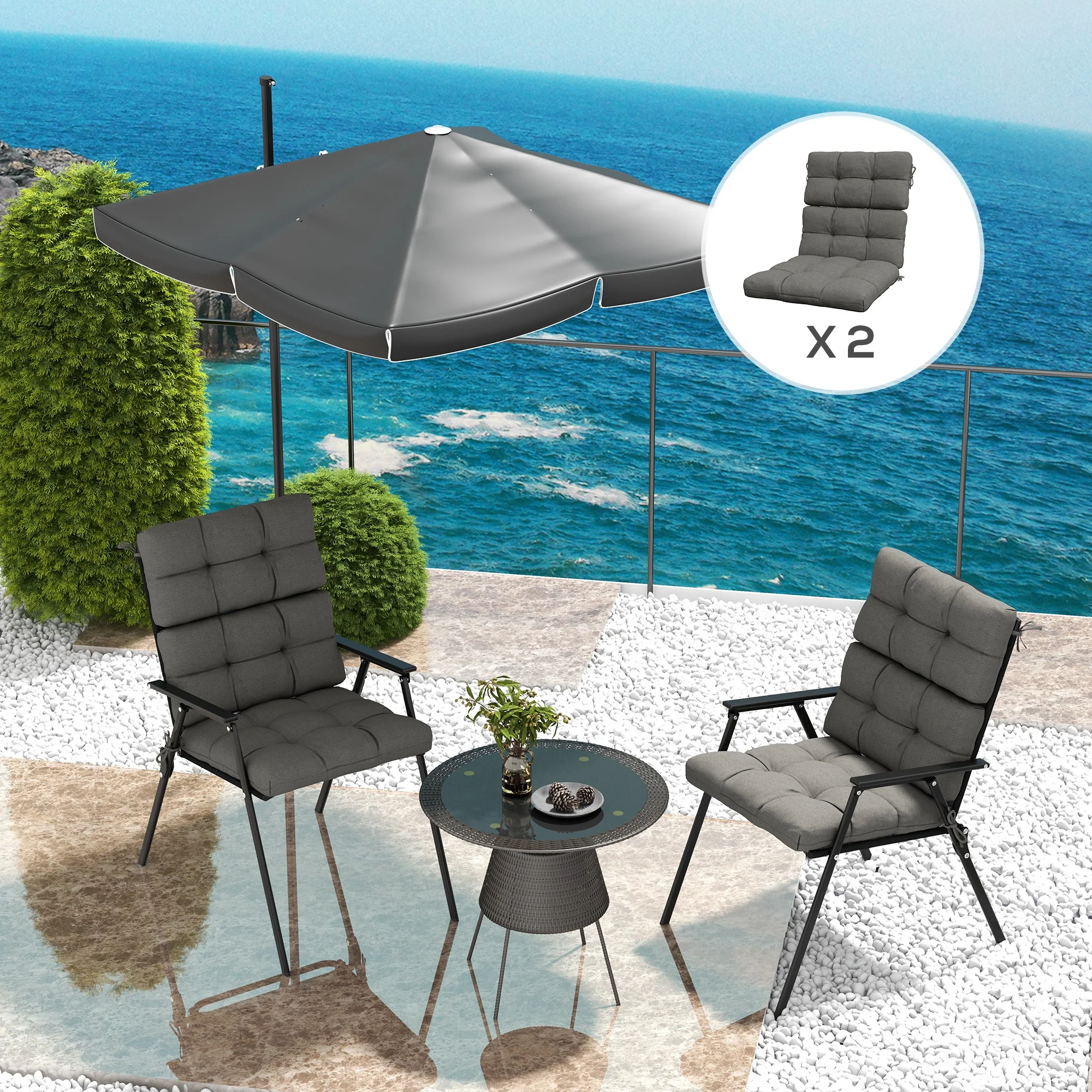 2pc Outdoor Seat Cushions with Backrest & Ties, Water Repellent Chairs Seat Pads, Charcoal Grey - Image 3