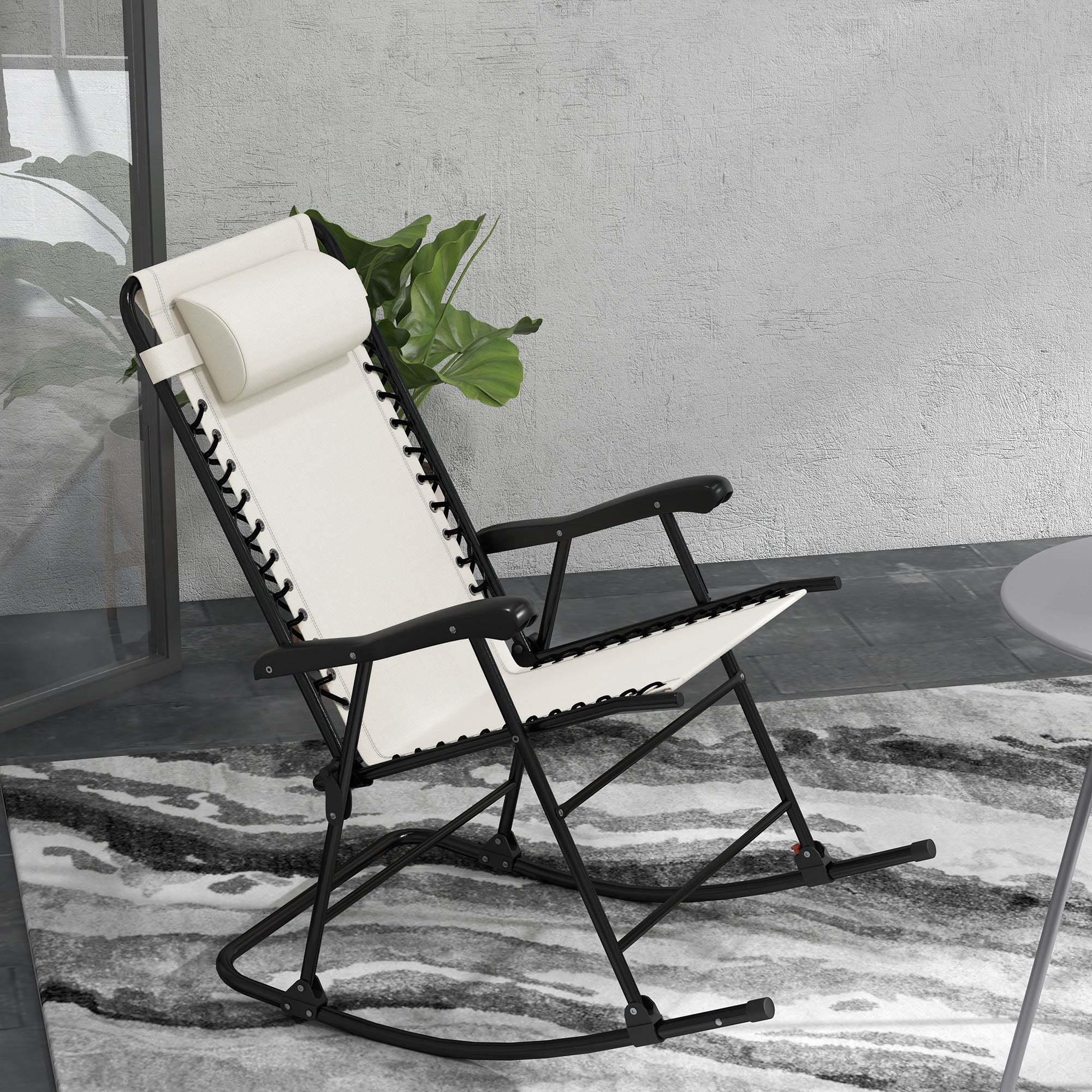 2pc Patio Foldable Rocking Chair Set w/ Breathable Mesh Seat, Backrest & Headrest, Cream White - Image 10
