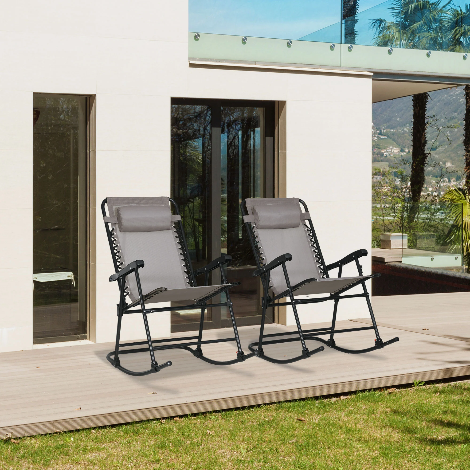 2pc Patio Foldable Rocking Chair Set w/ Breathable Mesh Seat, Backrest & Headrest, Grey - Image 3