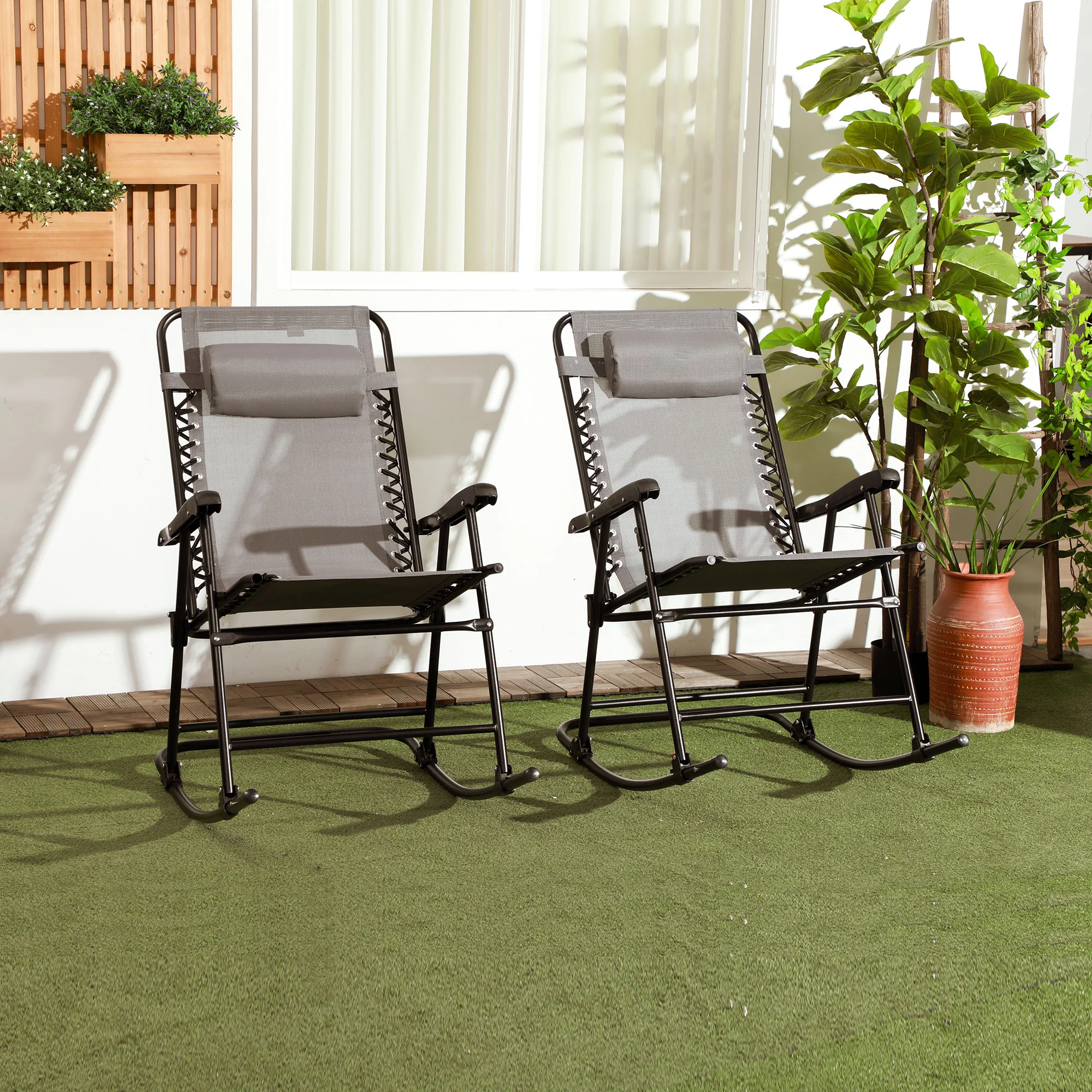 2pc Patio Foldable Rocking Chair Set w/ Breathable Mesh Seat, Backrest & Headrest, Grey - Image 4