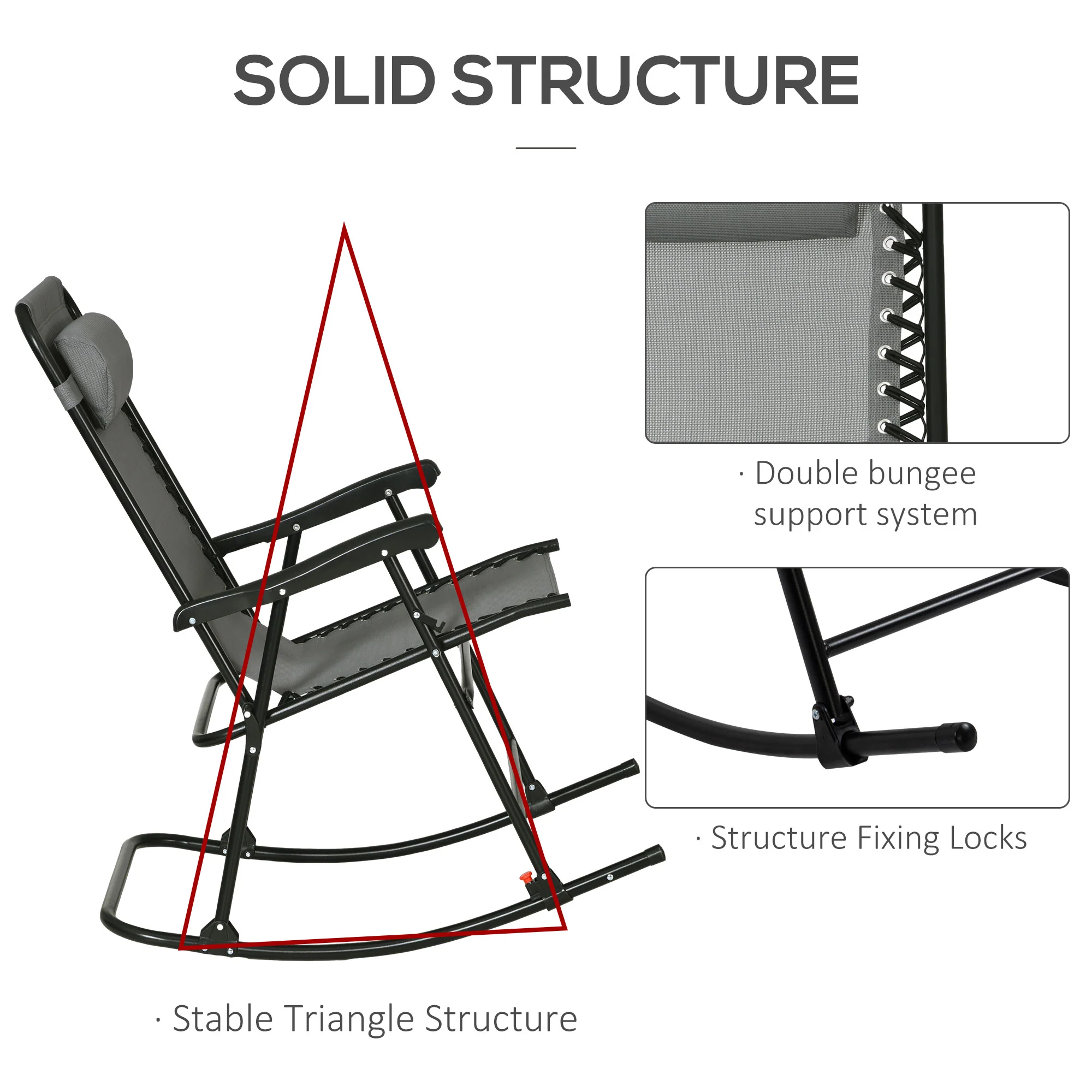2pc Patio Foldable Rocking Chair Set w/ Breathable Mesh Seat, Backrest & Headrest, Grey - Image 7