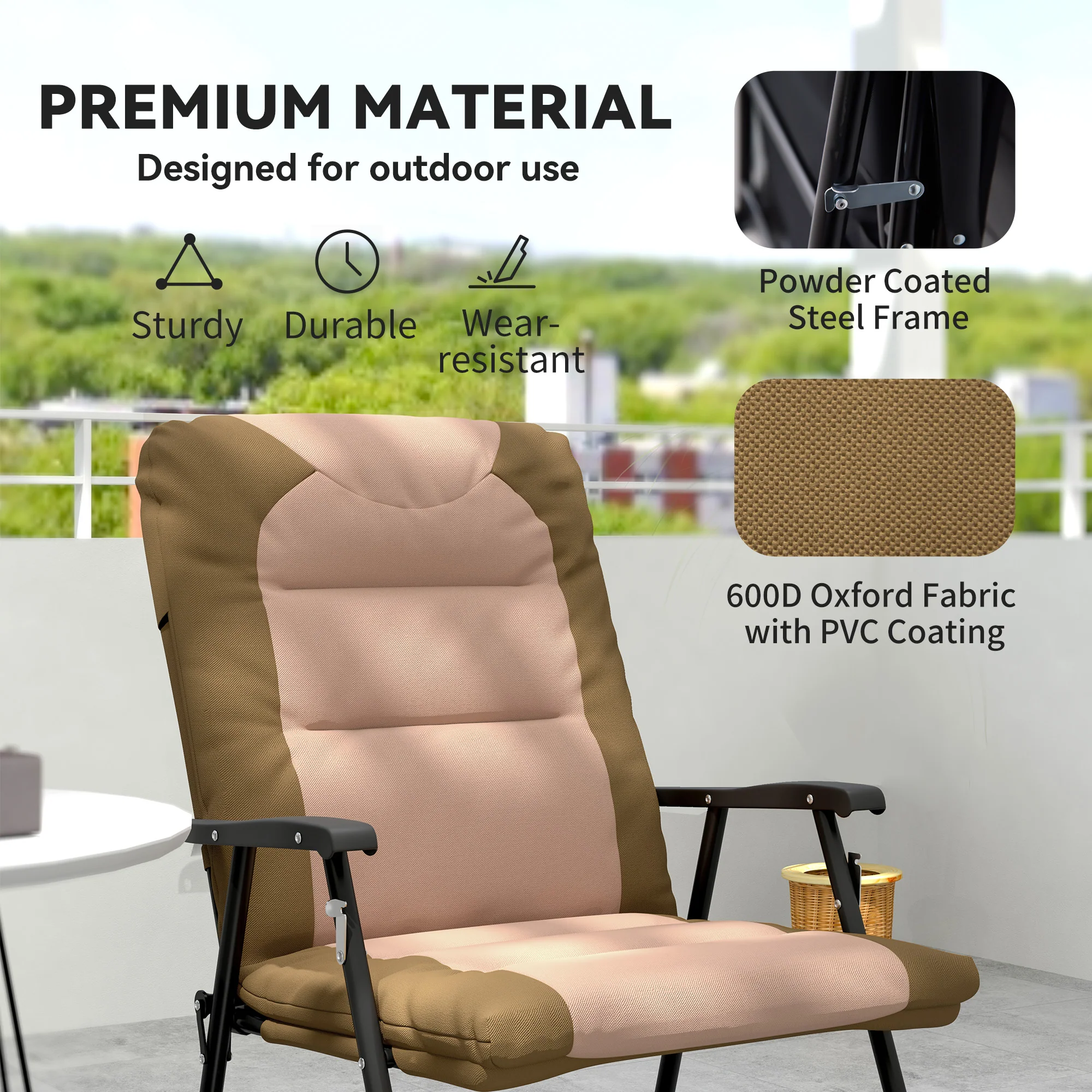 Patio Folding Rocking Chair Set of 2 Padded Rockers with Armrest & Headrest, Light Brown - Image 8