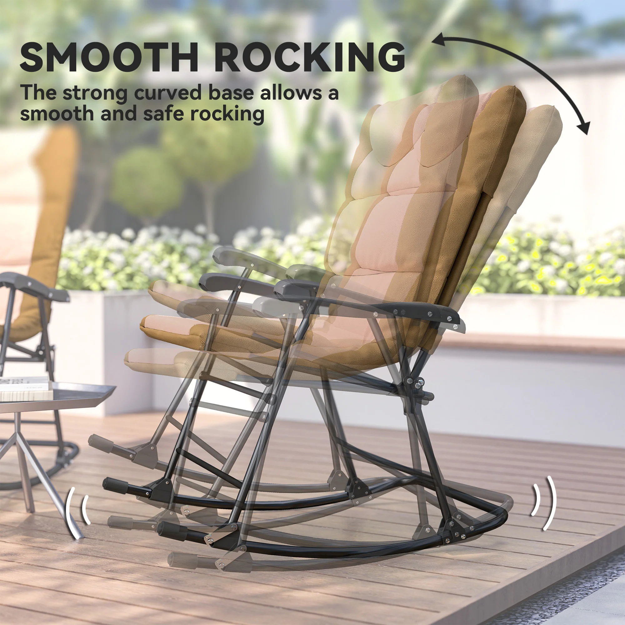 Patio Folding Rocking Chair Set of 2 Padded Rockers with Armrest & Headrest, Light Brown - Image 9