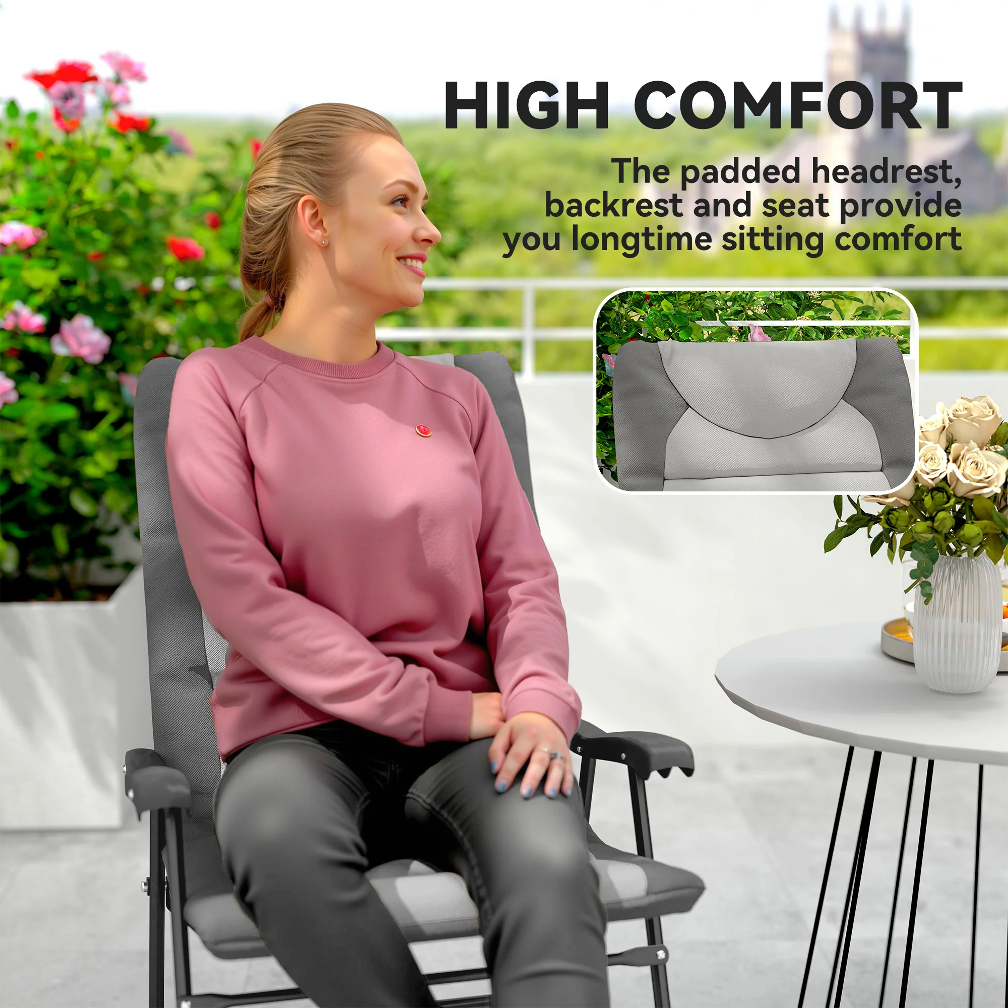 Patio Folding Rocking Chair Set of 2 Padded Rockers with Armrest & Headrest, Light Grey - Image 10