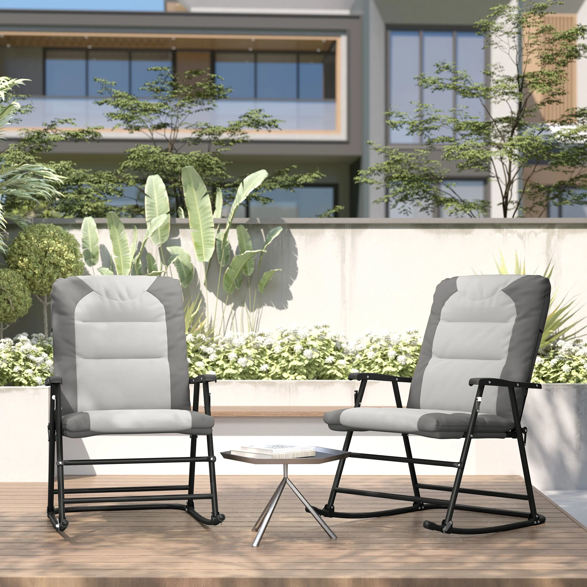 Patio Folding Rocking Chair Set of 2 Padded Rockers with Armrest & Headrest, Light Grey - Image 11