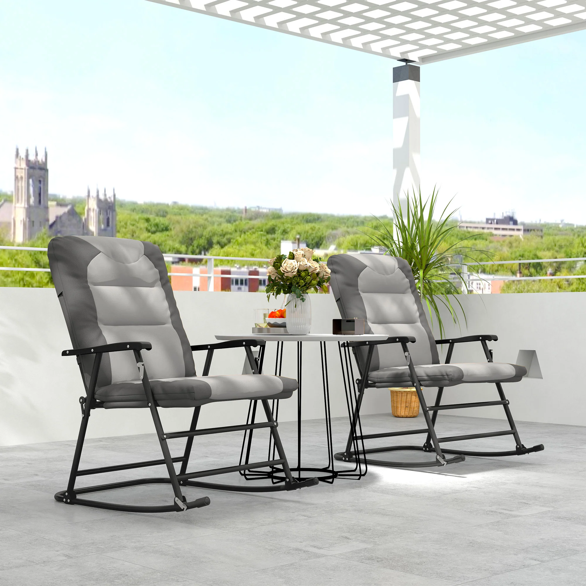 Patio Folding Rocking Chair Set of 2 Padded Rockers with Armrest & Headrest, Light Grey - Image 4