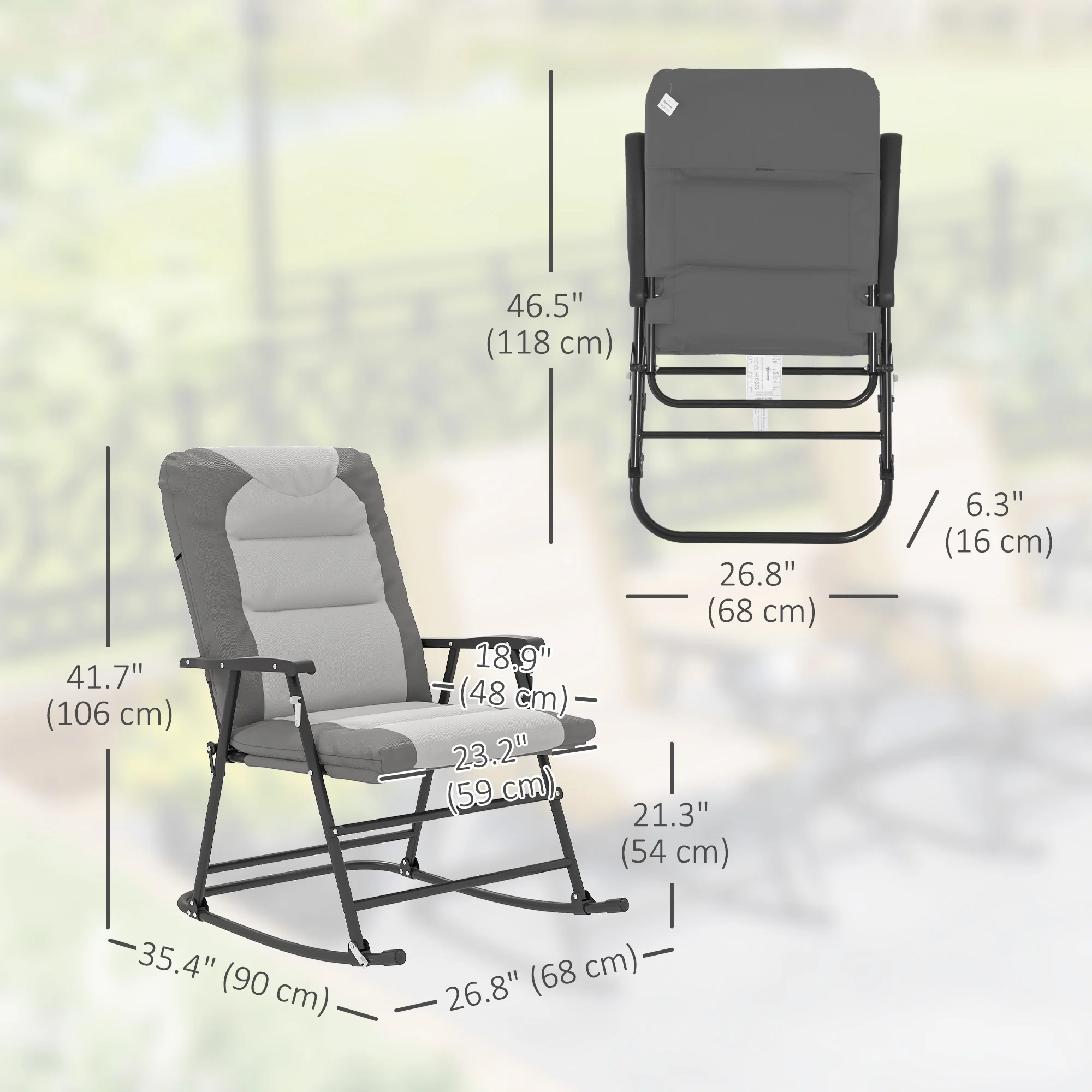 Patio Folding Rocking Chair Set of 2 Padded Rockers with Armrest & Headrest, Light Grey - Image 5
