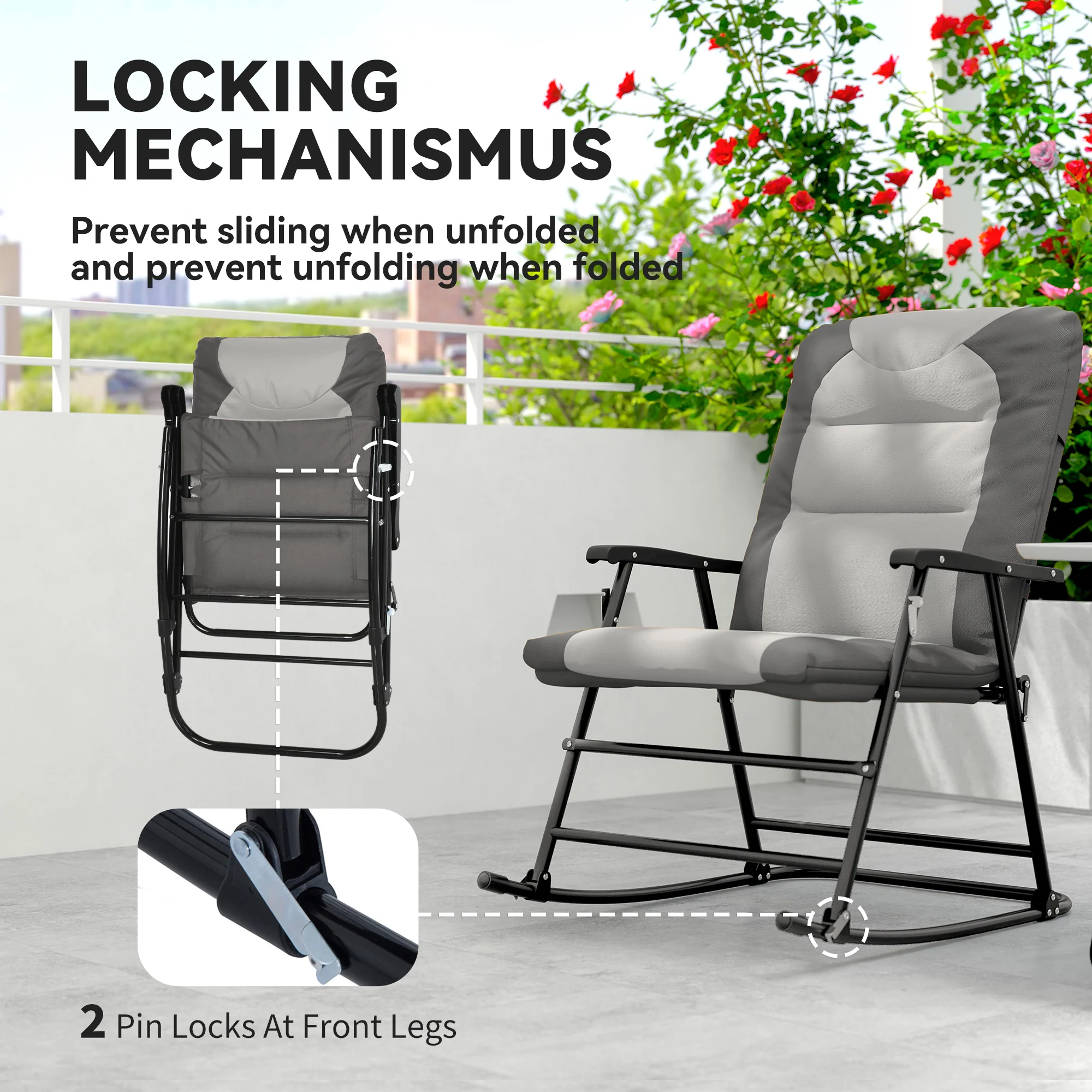 Patio Folding Rocking Chair Set of 2 Padded Rockers with Armrest & Headrest, Light Grey - Image 7