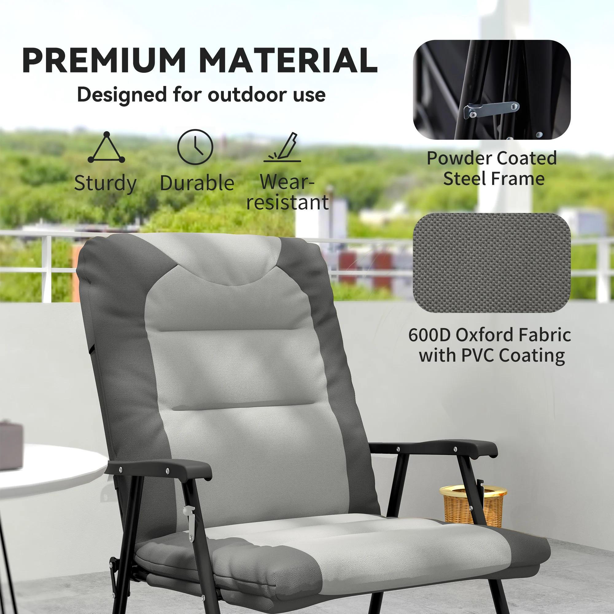 Patio Folding Rocking Chair Set of 2 Padded Rockers with Armrest & Headrest, Light Grey - Image 8