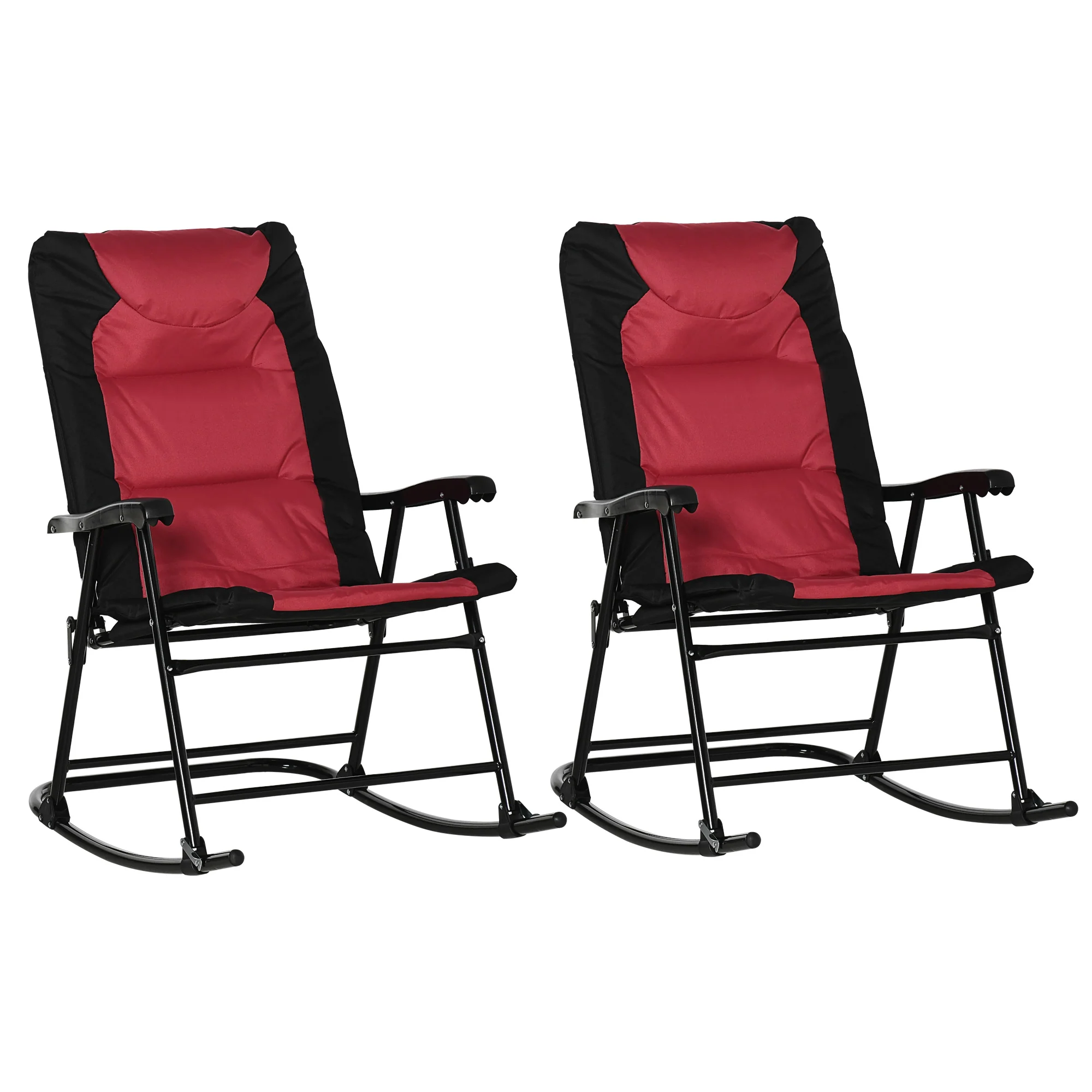 Patio Folding Rocking Chair Set of 2 Padded Rockers with Armrest & Headrest, Red & Black - Image 2