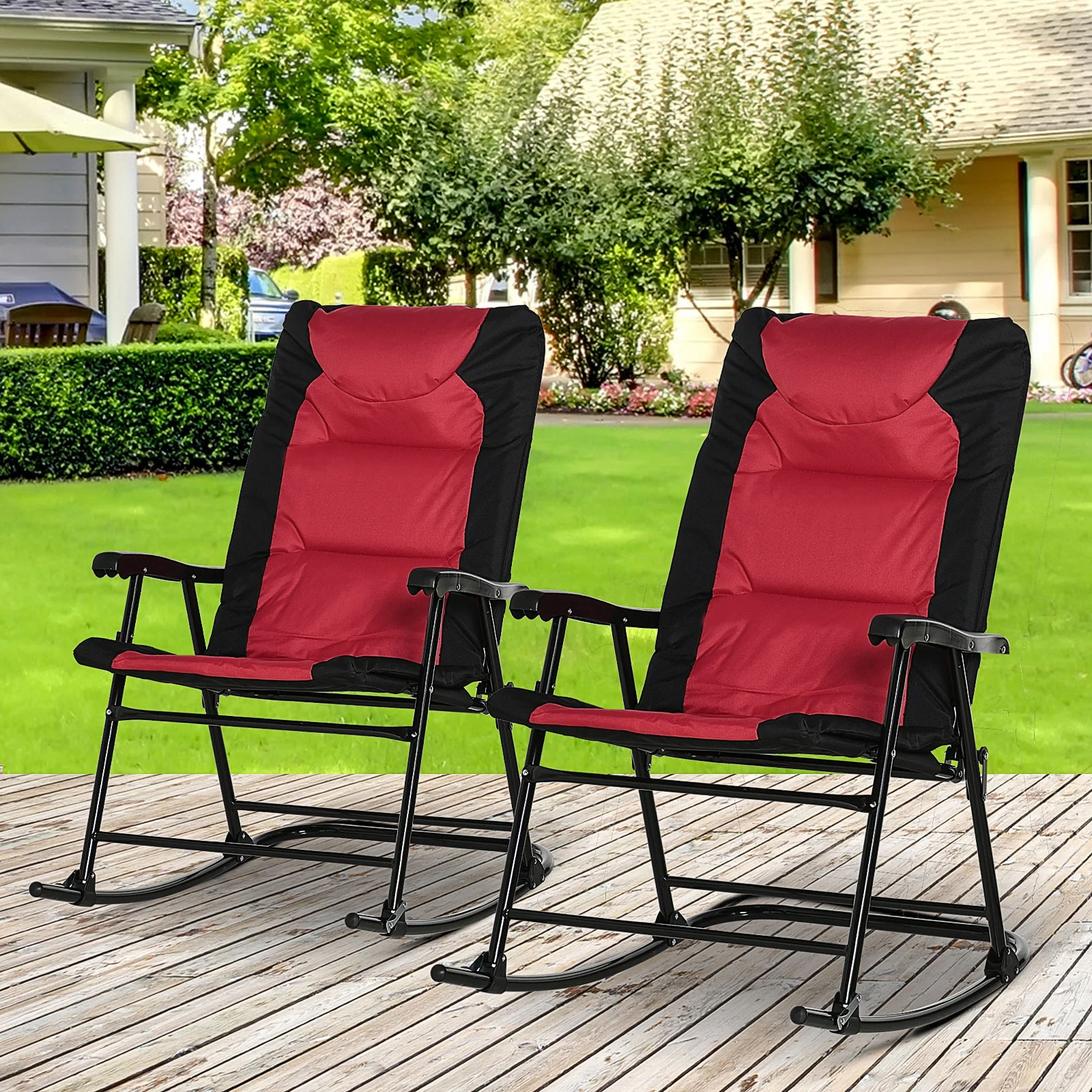 Patio Folding Rocking Chair Set of 2 Padded Rockers with Armrest & Headrest, Red & Black - Image 4