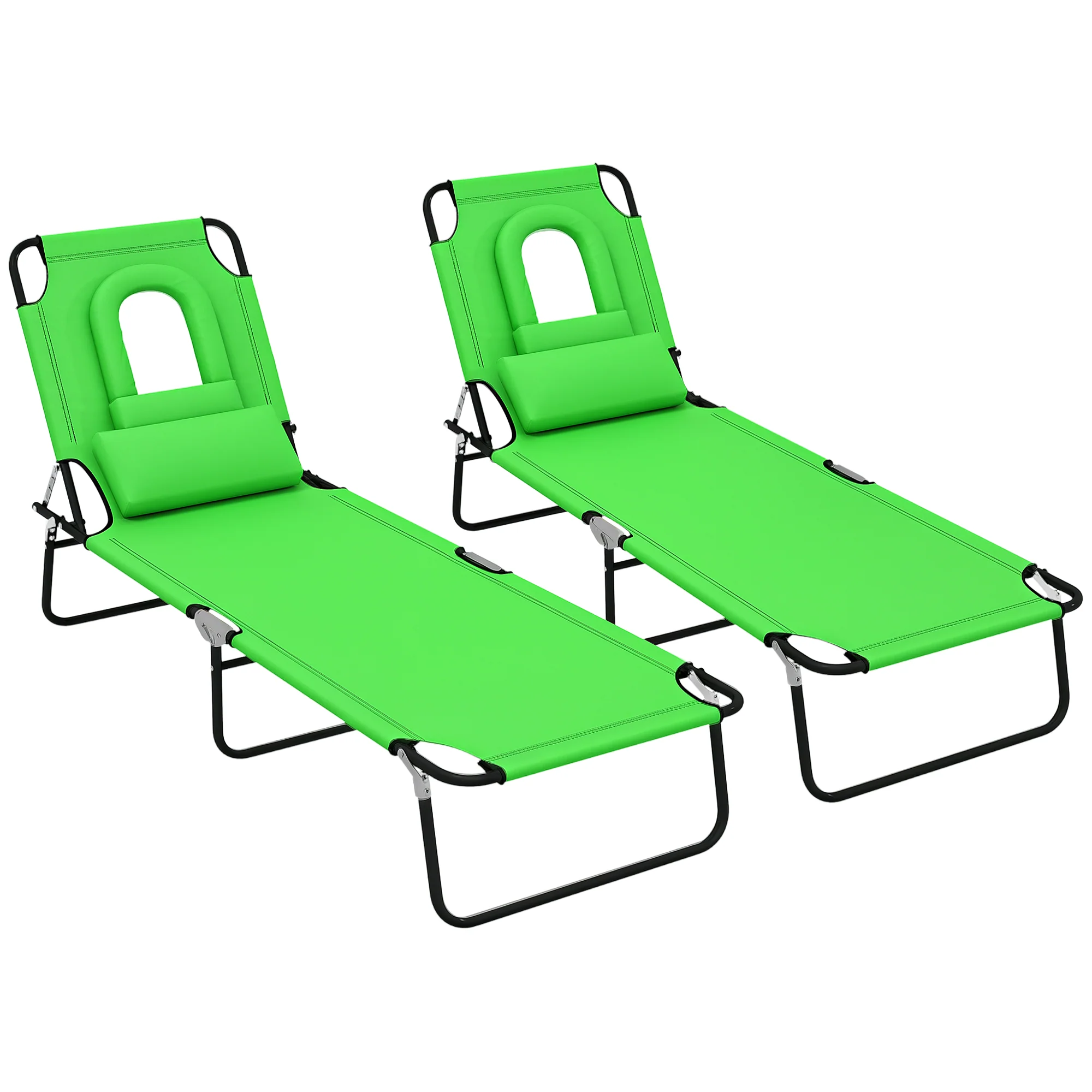 2pcs Adjustable Outdoor Lounge Chairs with Face Hole, Green