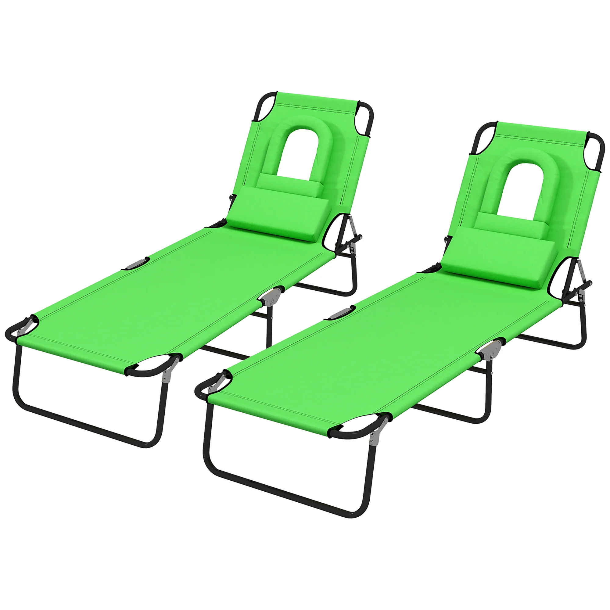 2pcs Adjustable Outdoor Lounge Chairs with Face Hole, Green - Image 2