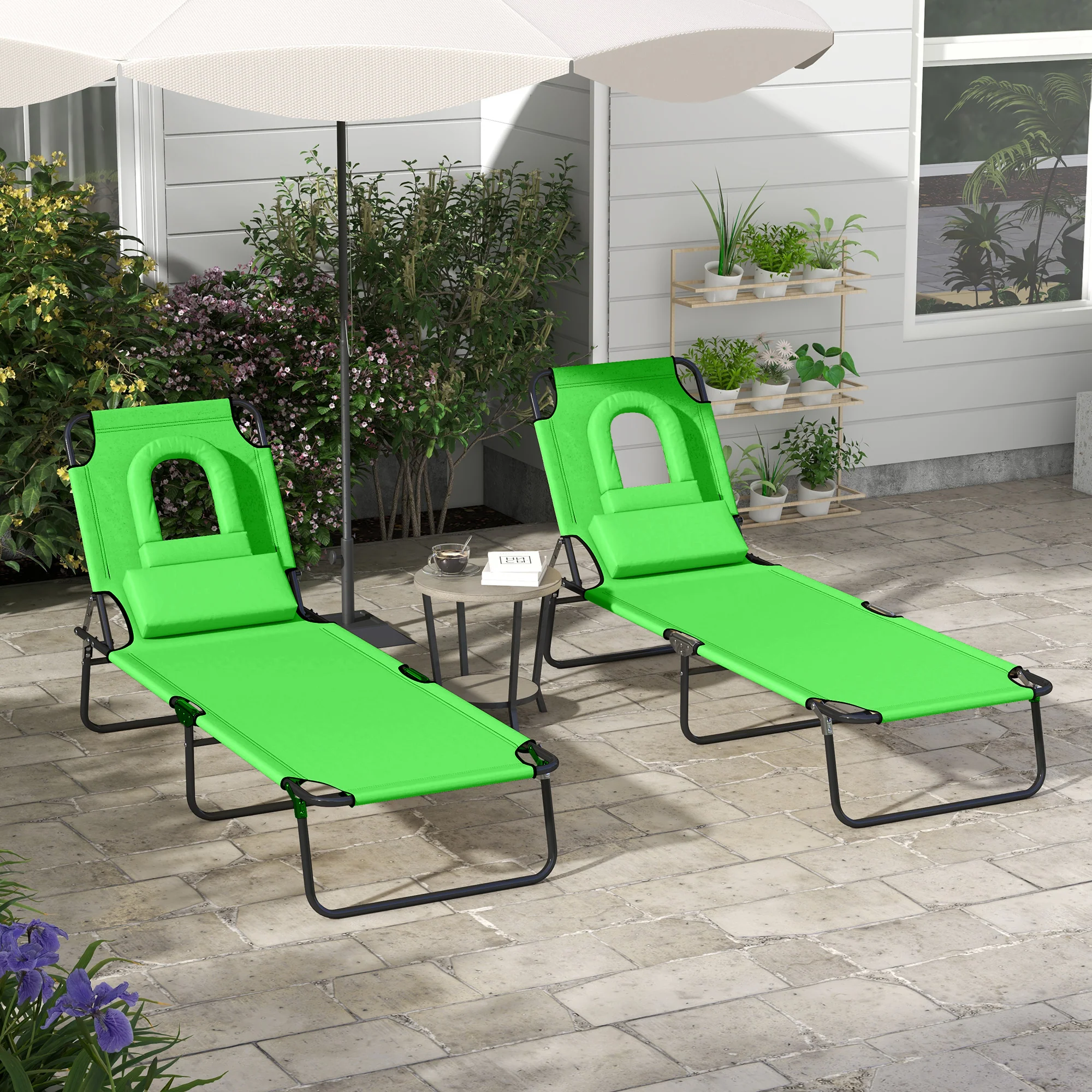2pcs Adjustable Outdoor Lounge Chairs with Face Hole, Green - Image 3