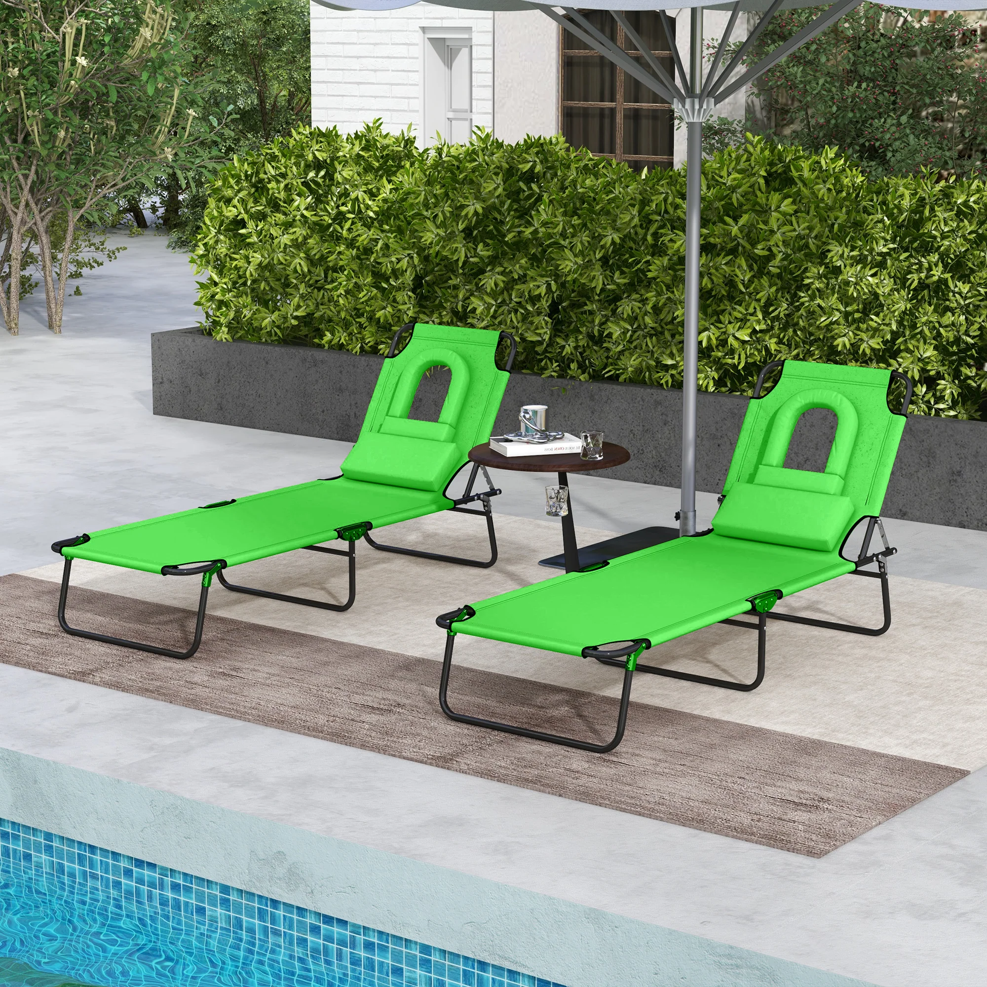 2pcs Adjustable Outdoor Lounge Chairs with Face Hole, Green - Image 4