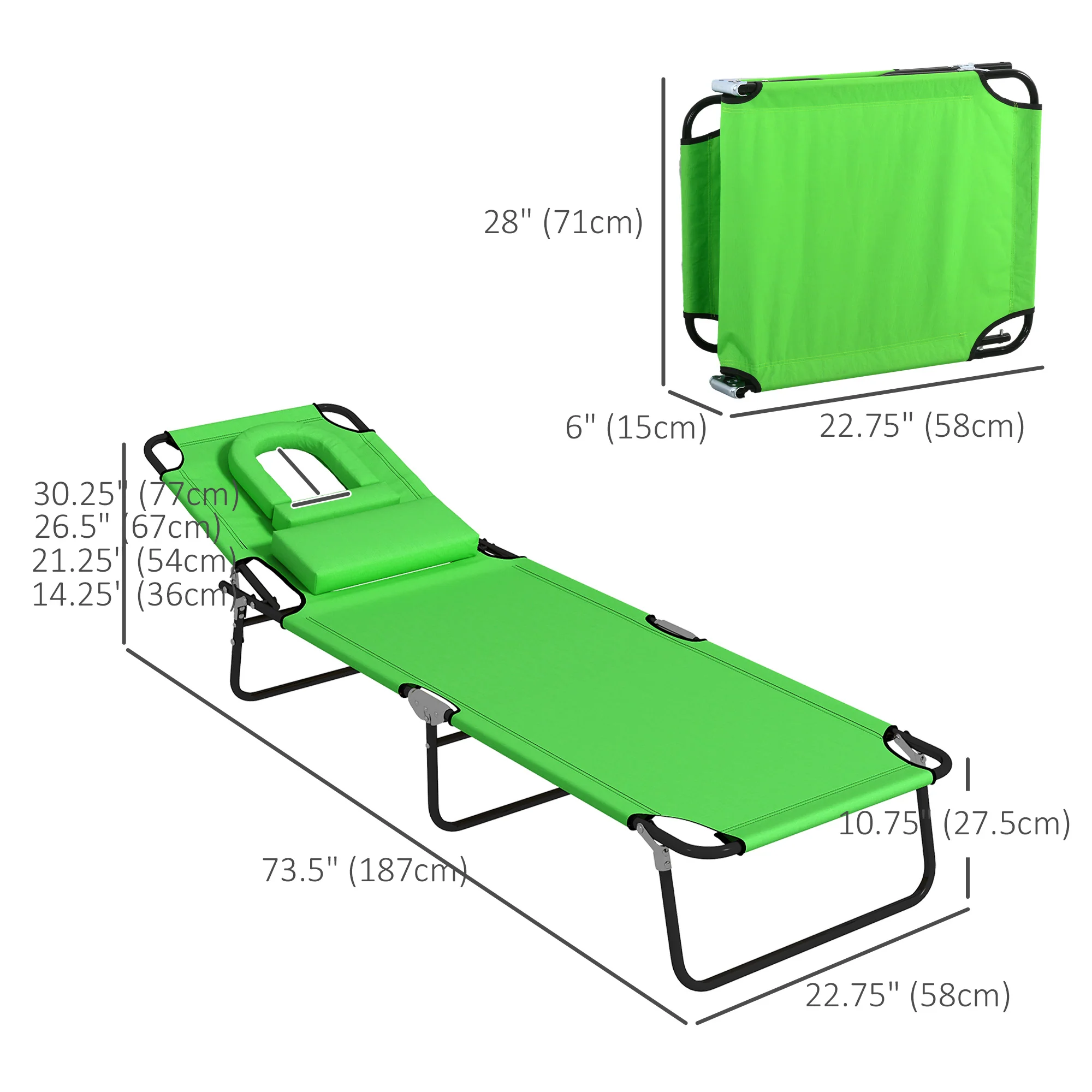2pcs Adjustable Outdoor Lounge Chairs with Face Hole, Green - Image 5