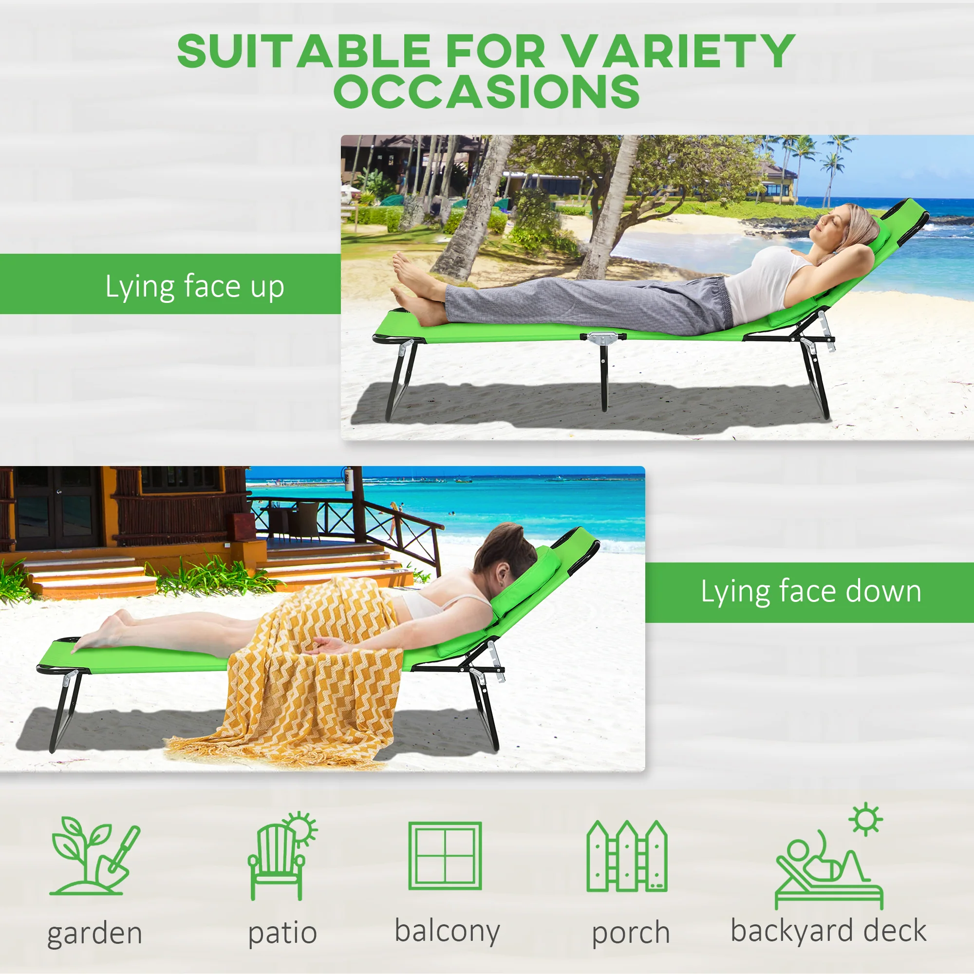 2pcs Adjustable Outdoor Lounge Chairs with Face Hole, Green - Image 7