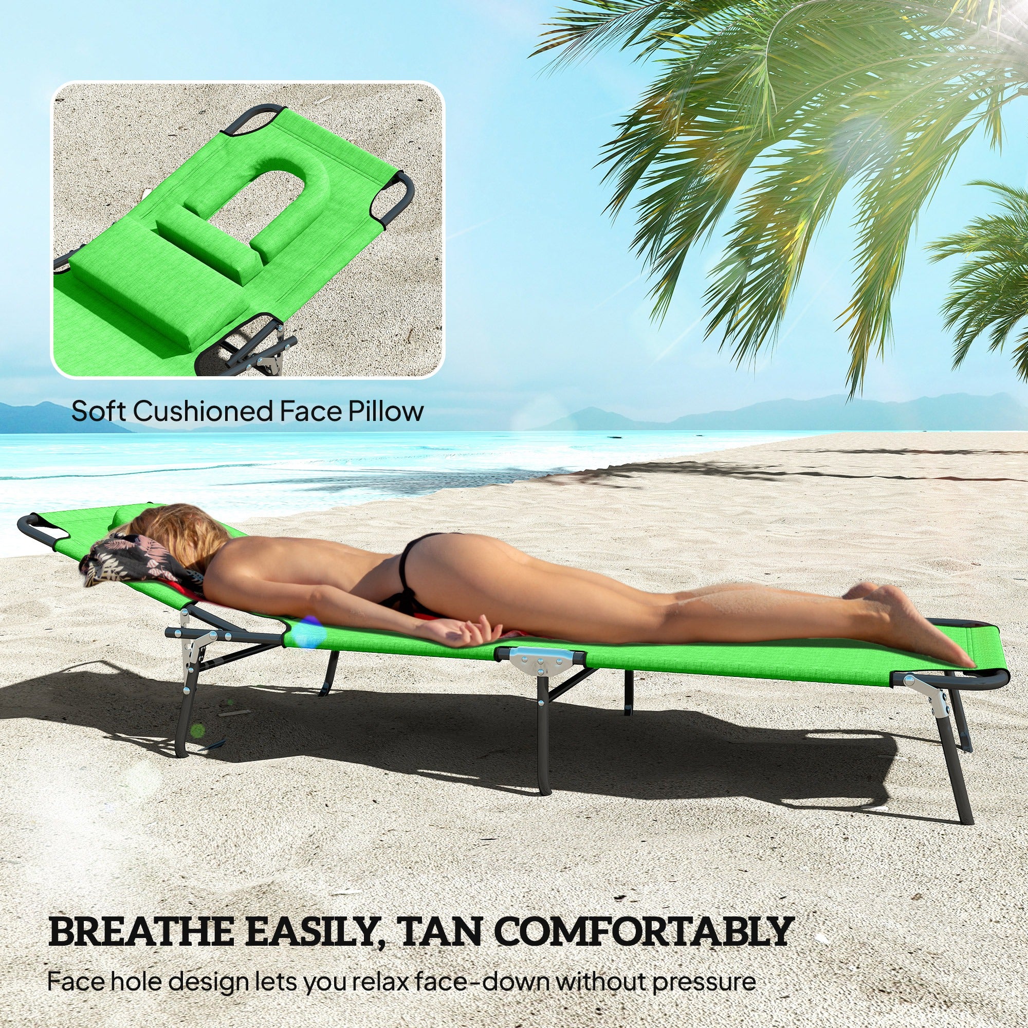 2pcs Adjustable Outdoor Lounge Chairs with Face Hole, Green - Image 9