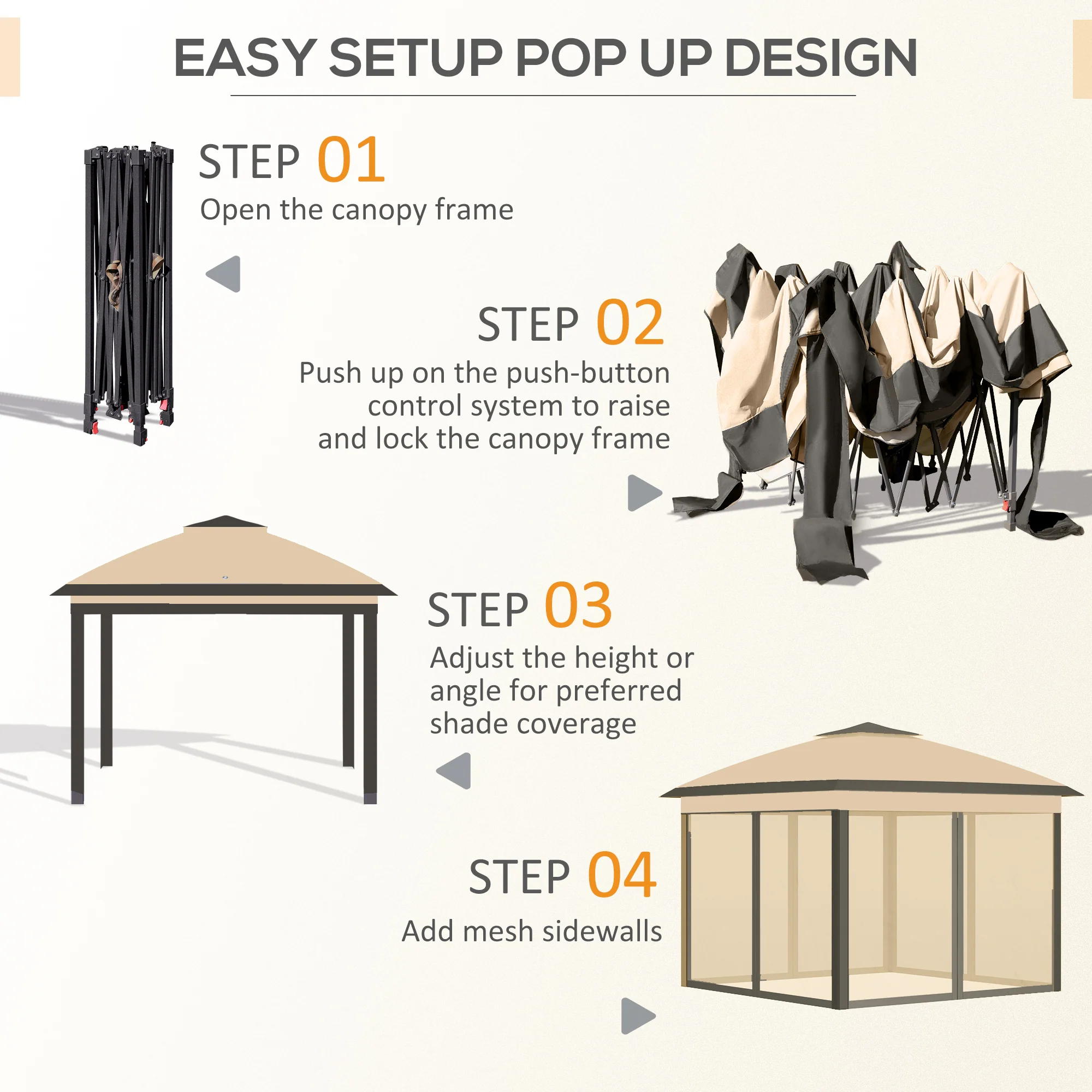 3.3 x 3.3m Pop Up Gazebo, Double Roof Foldable Canopy Tent with Zipped Mesh Sidewalls, Beige - Image 7