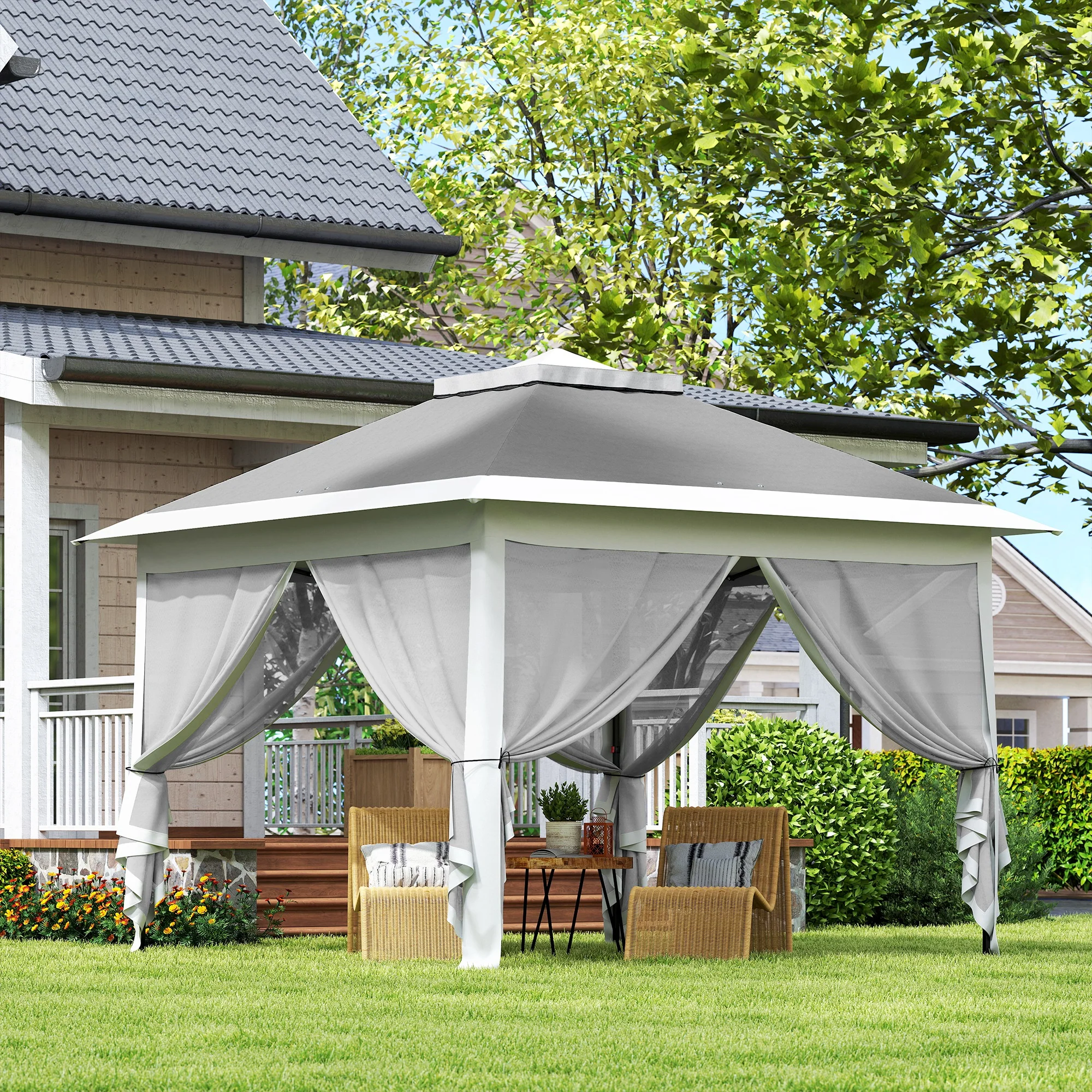 3.3 x 3.3m Pop Up Gazebo with Double Roof & Mesh Sidewalls, Dark Grey - Image 11