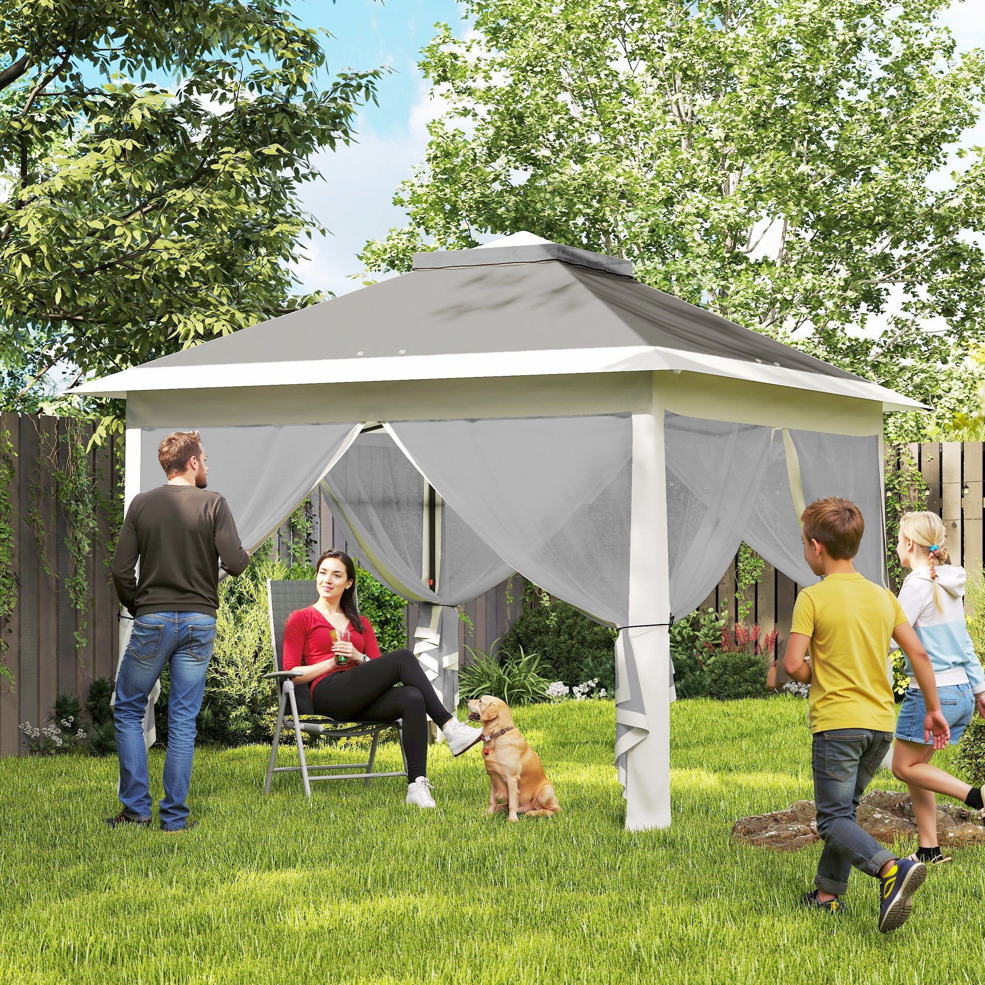 3.3 x 3.3m Pop Up Gazebo with Double Roof & Mesh Sidewalls, Dark Grey - Image 3