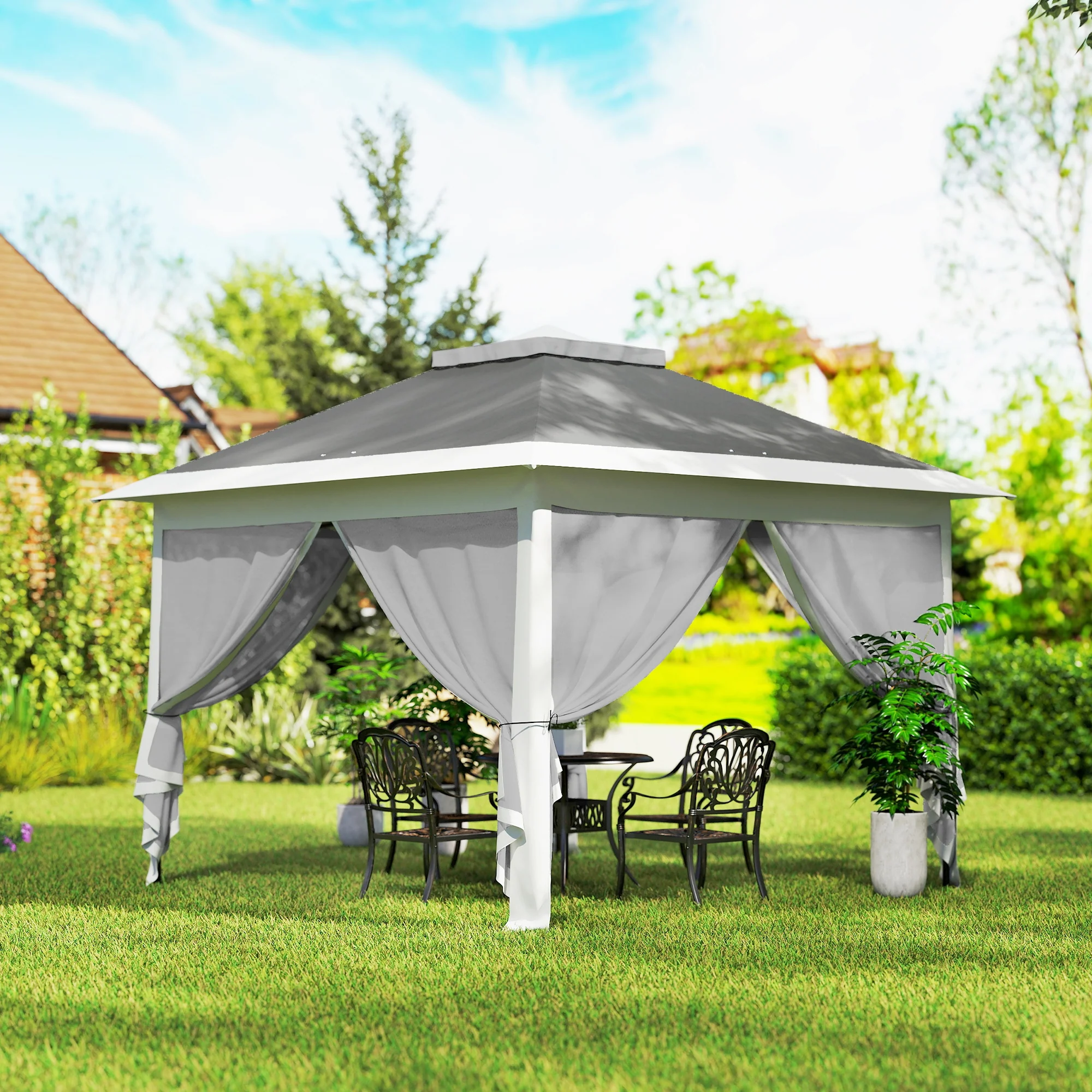 3.3 x 3.3m Pop Up Gazebo with Double Roof & Mesh Sidewalls, Dark Grey - Image 4