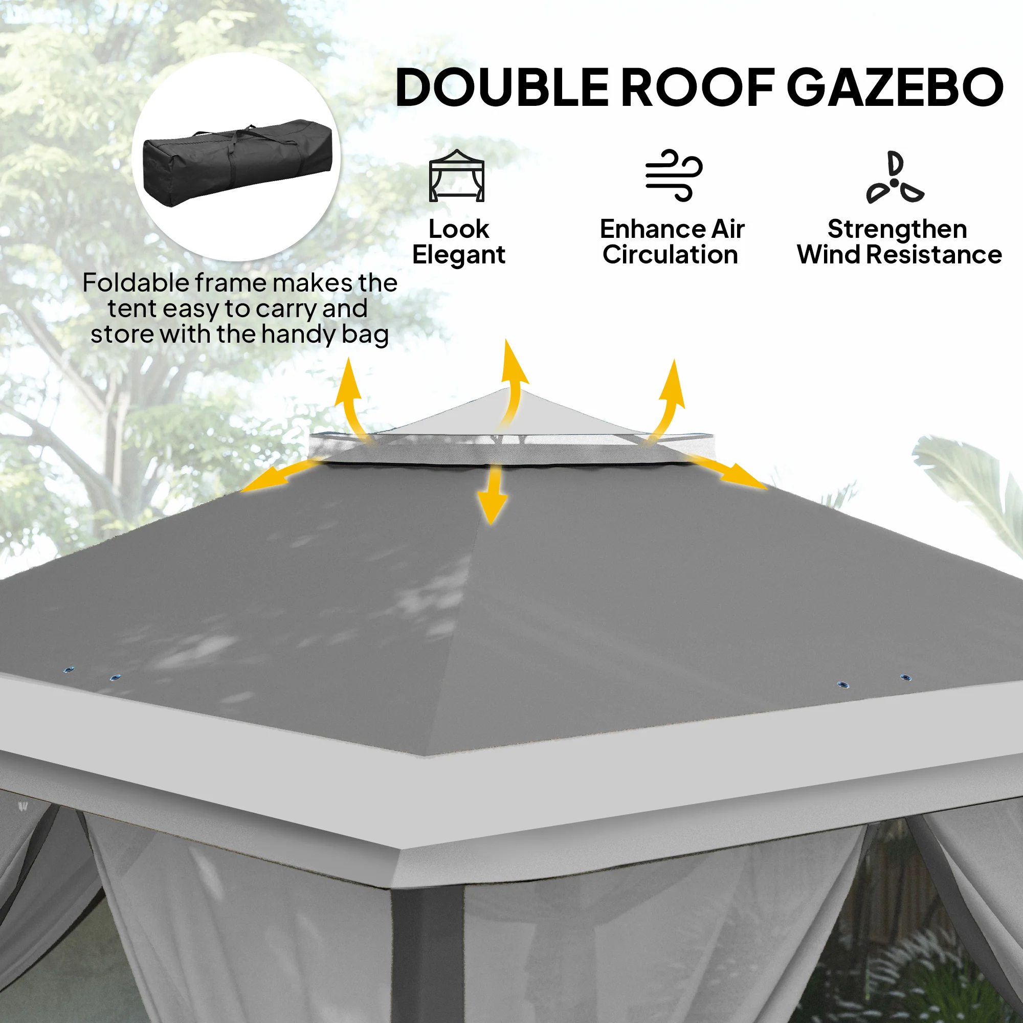 3.3 x 3.3m Pop Up Gazebo with Double Roof & Mesh Sidewalls, Dark Grey - Image 6