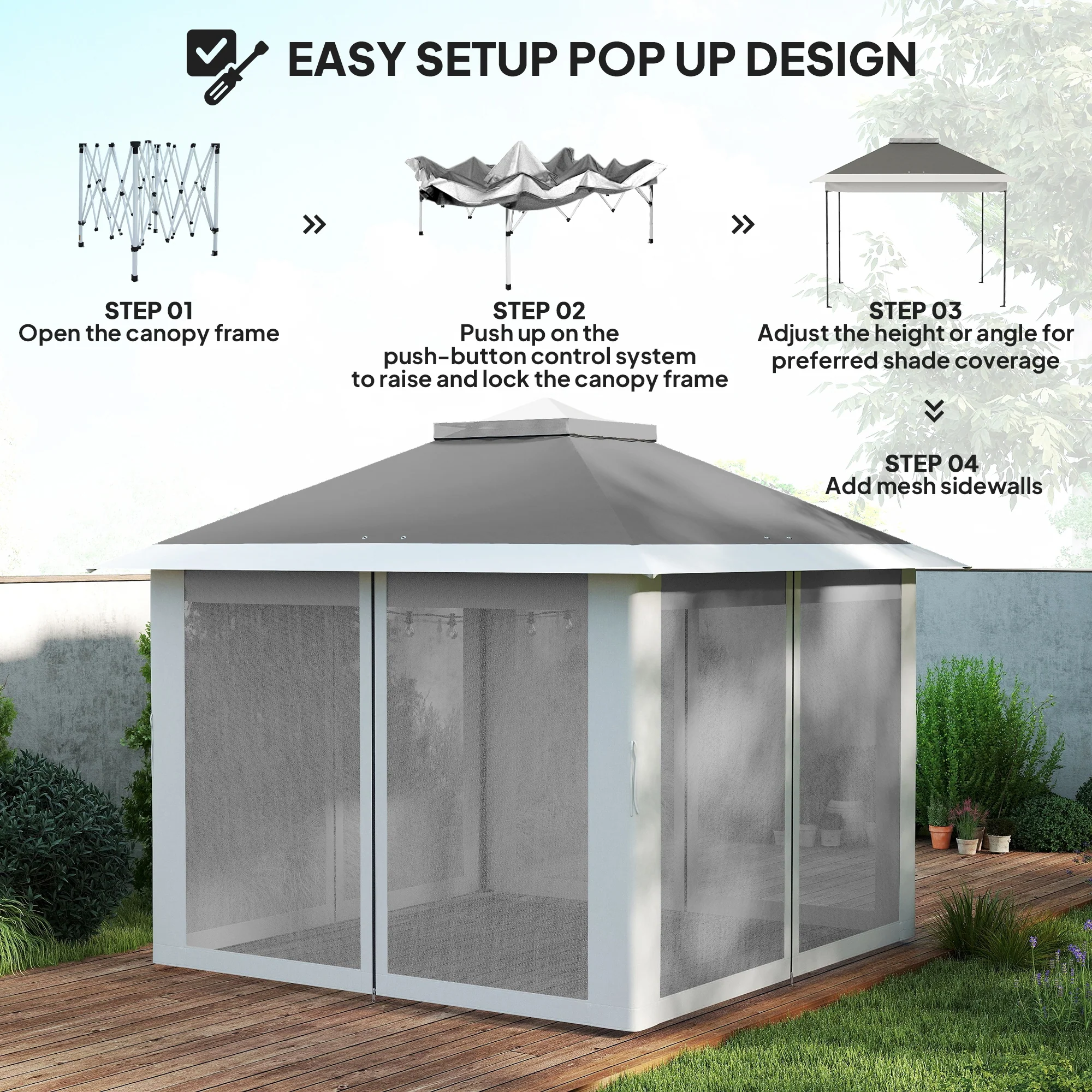 3.3 x 3.3m Pop Up Gazebo with Double Roof & Mesh Sidewalls, Dark Grey - Image 7