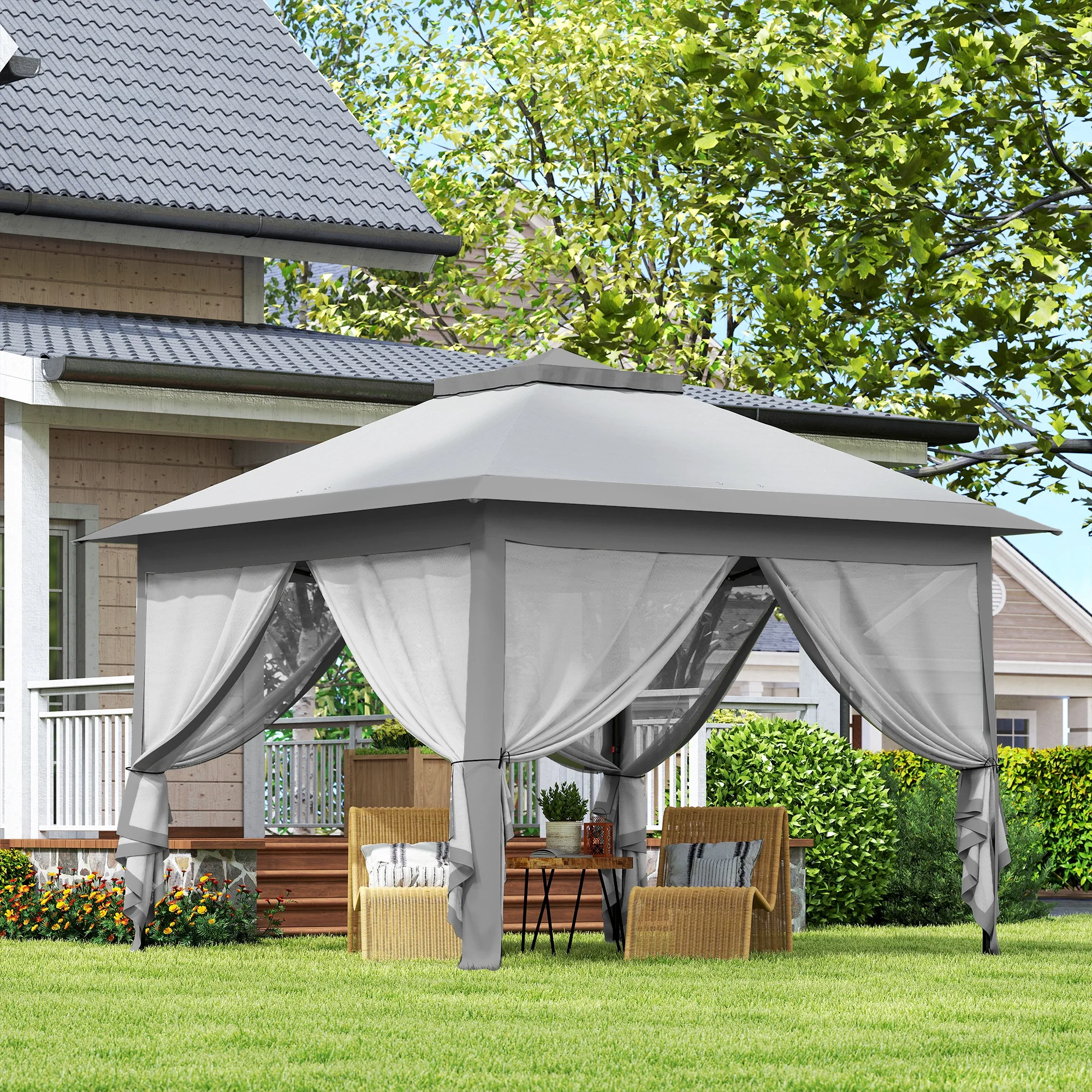 3.3 x 3.3m Pop Up Gazebo with Double Roof & Mesh Sidewalls, Grey - Image 11