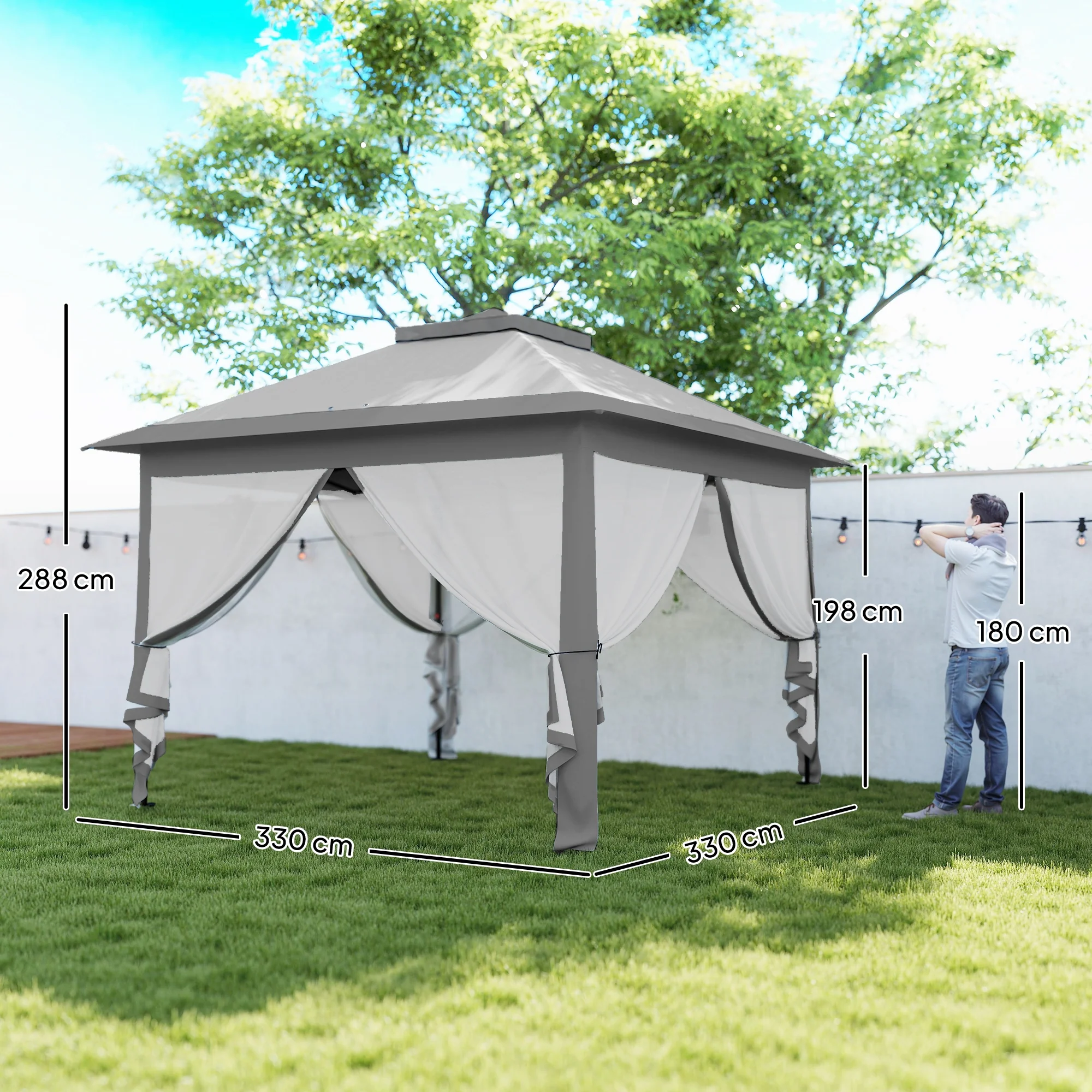 3.3 x 3.3m Pop Up Gazebo with Double Roof & Mesh Sidewalls, Grey - Image 5
