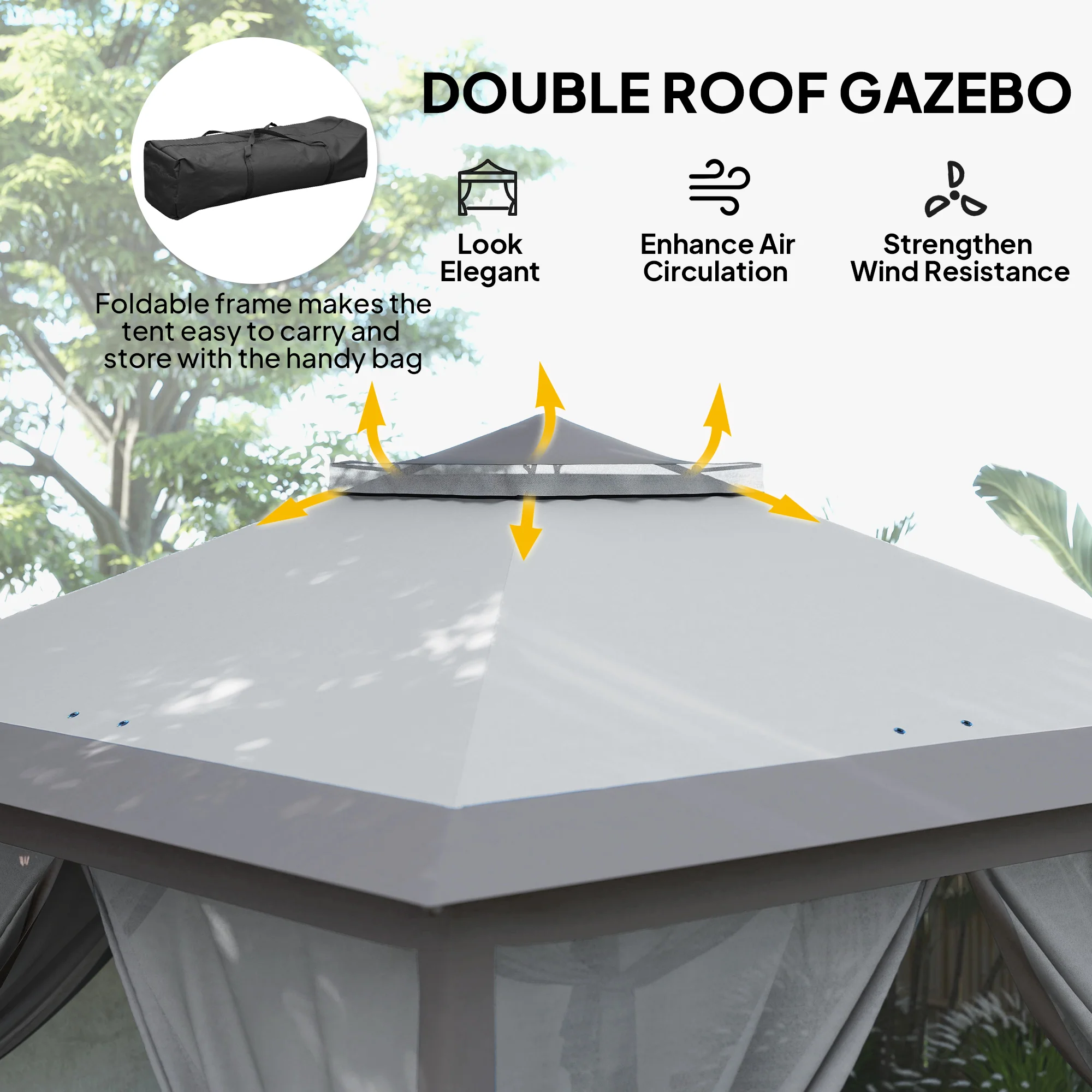 3.3 x 3.3m Pop Up Gazebo with Double Roof & Mesh Sidewalls, Grey - Image 6