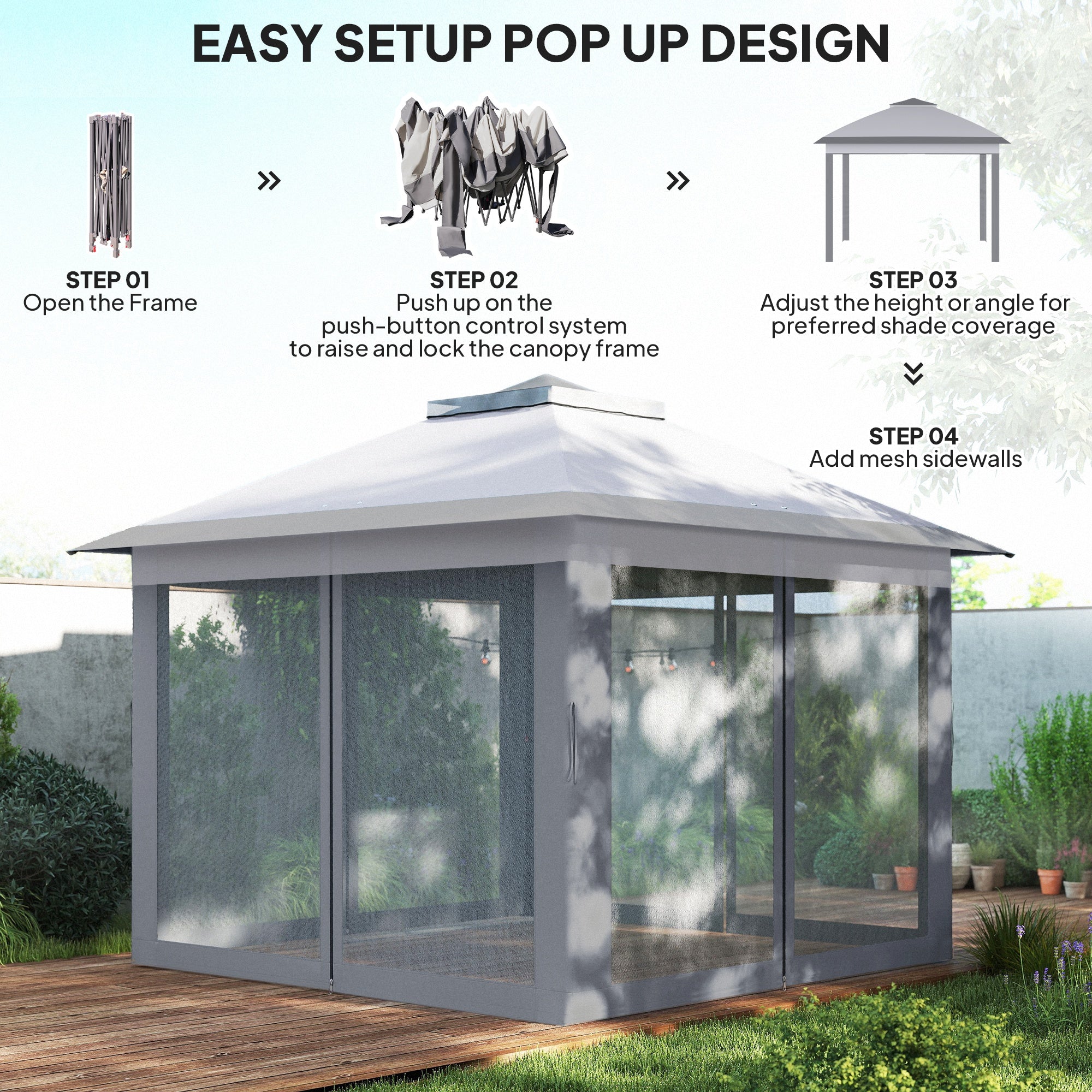 3.3 x 3.3m Pop Up Gazebo with Double Roof & Mesh Sidewalls, Grey - Image 7