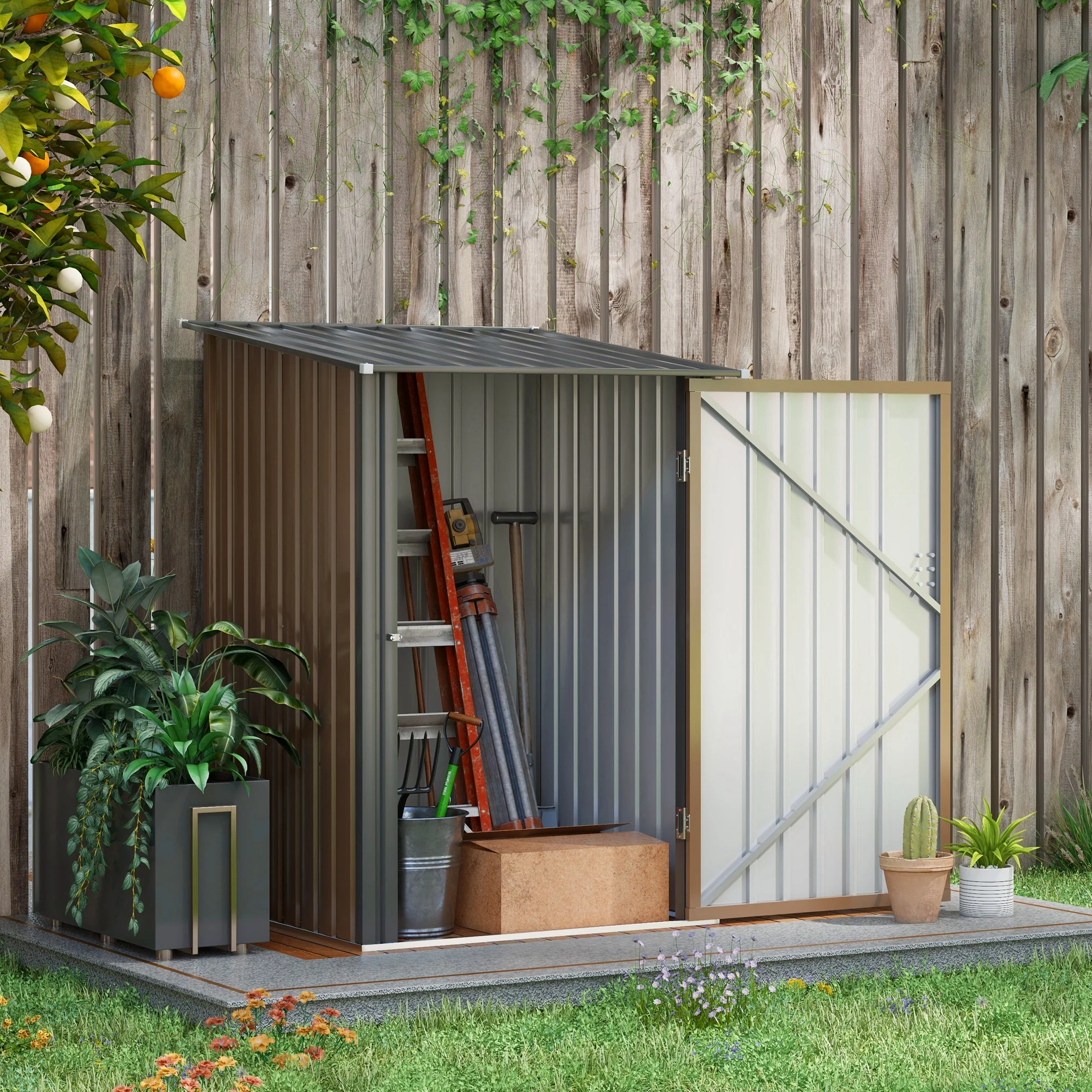 3.3 x 3.4ft Lean to Metal Storage Shed with Single Lockable Door for Outdoor Tool Storage Use, Brown - Image 3