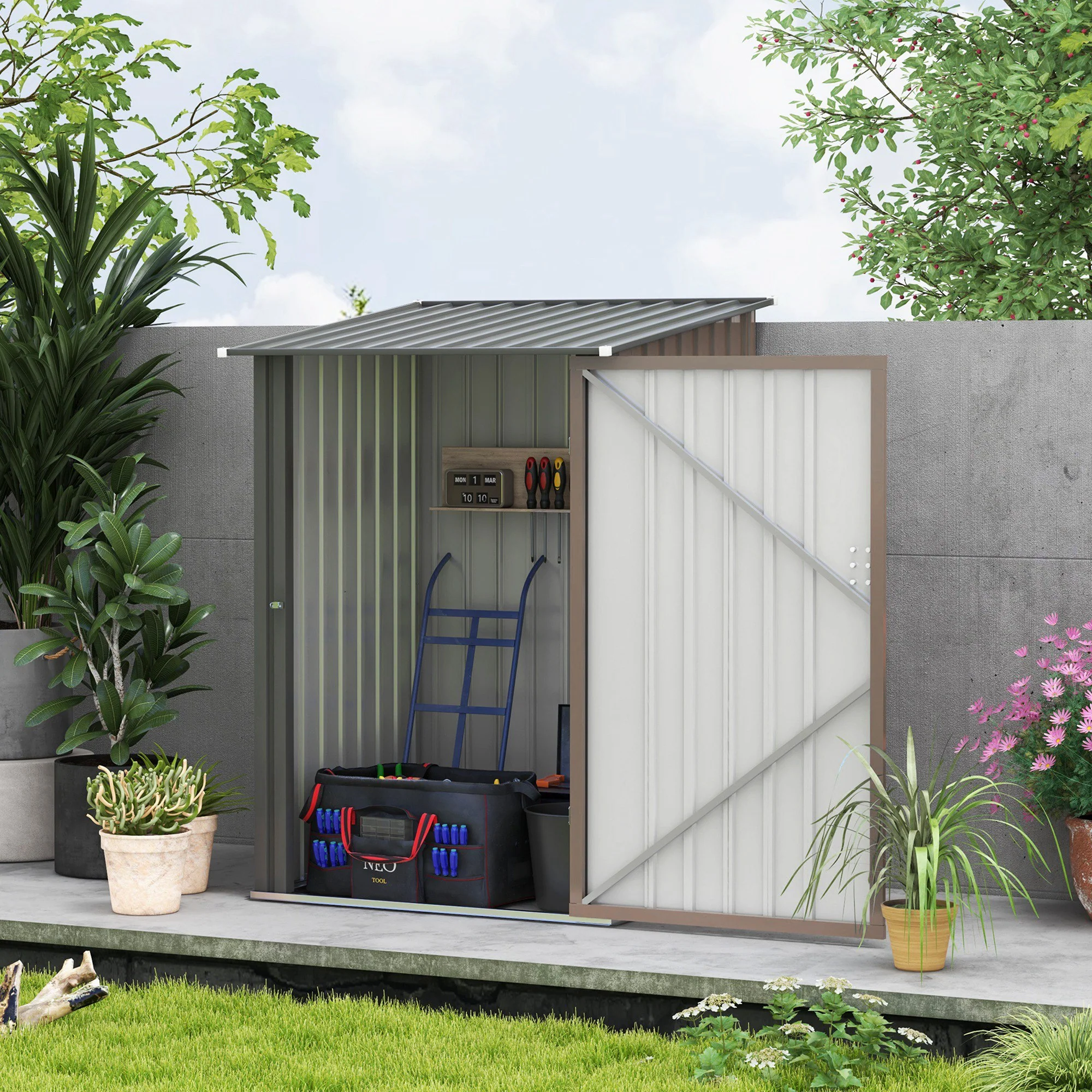 3.3 x 3.4ft Lean to Metal Storage Shed with Single Lockable Door for Outdoor Tool Storage Use, Brown - Image 4