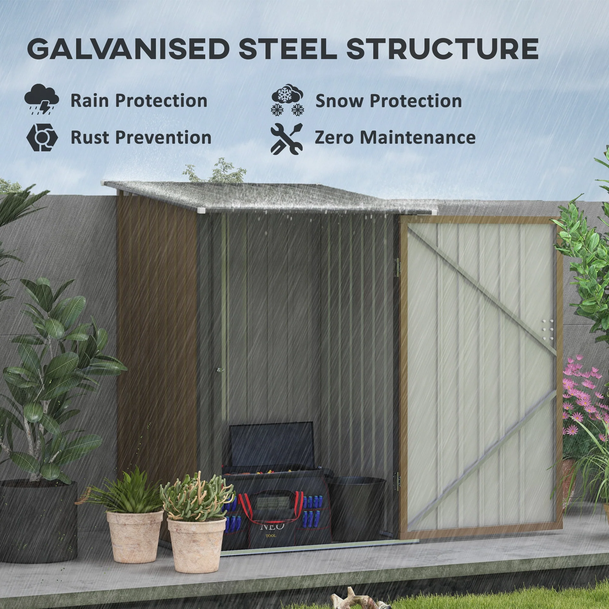 3.3 x 3.4ft Lean to Metal Storage Shed with Single Lockable Door for Outdoor Tool Storage Use, Brown - Image 6