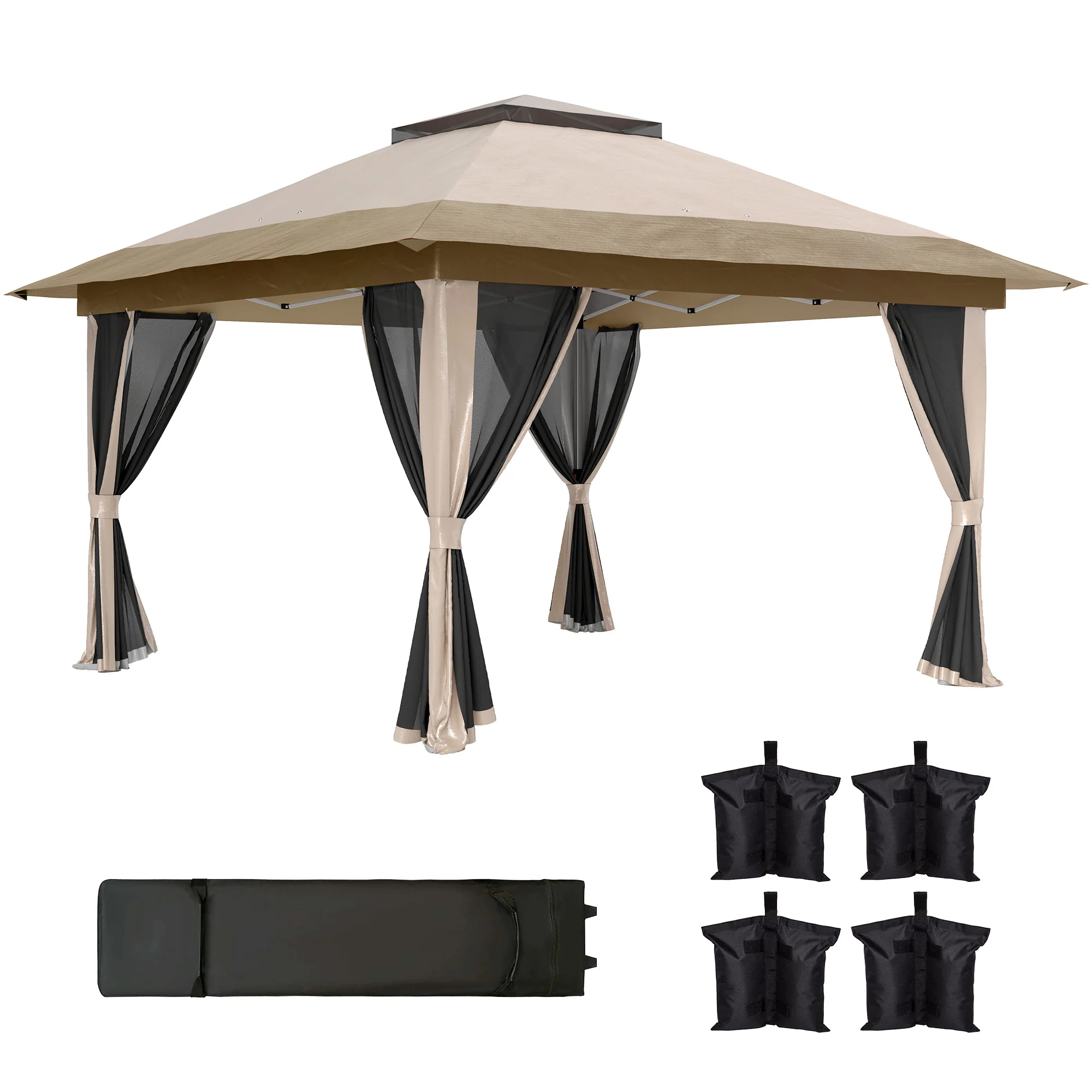 3.6 x 3.6m Pop Up Gazebo with Mesh Sides, Wheeled Carry Bag and Sand Bags, Beige
