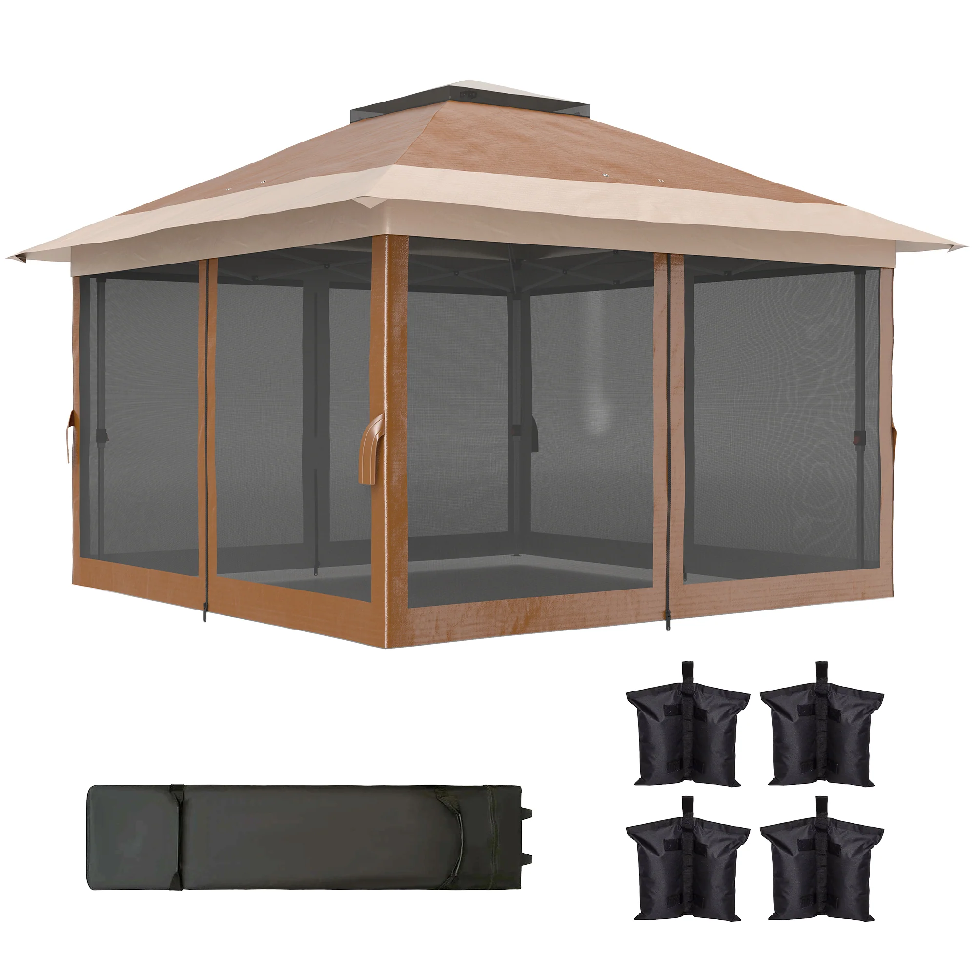 3.6 x 3.6m Pop Up Gazebo with Mesh Sides, Wheeled Carry Bag and Sand Bags, Brown - Image 2