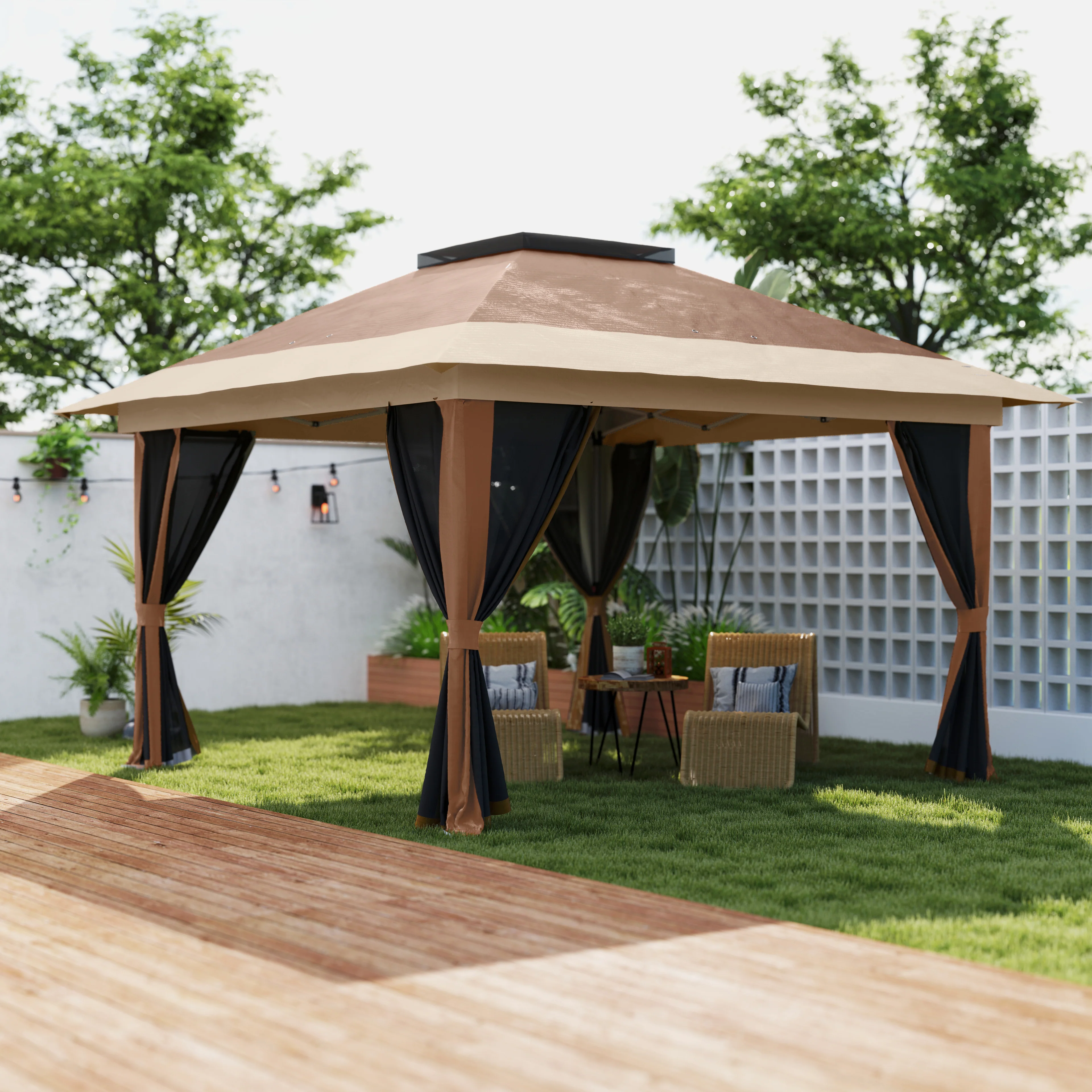 3.6 x 3.6m Pop Up Gazebo with Mesh Sides, Wheeled Carry Bag and Sand Bags, Brown - Image 3