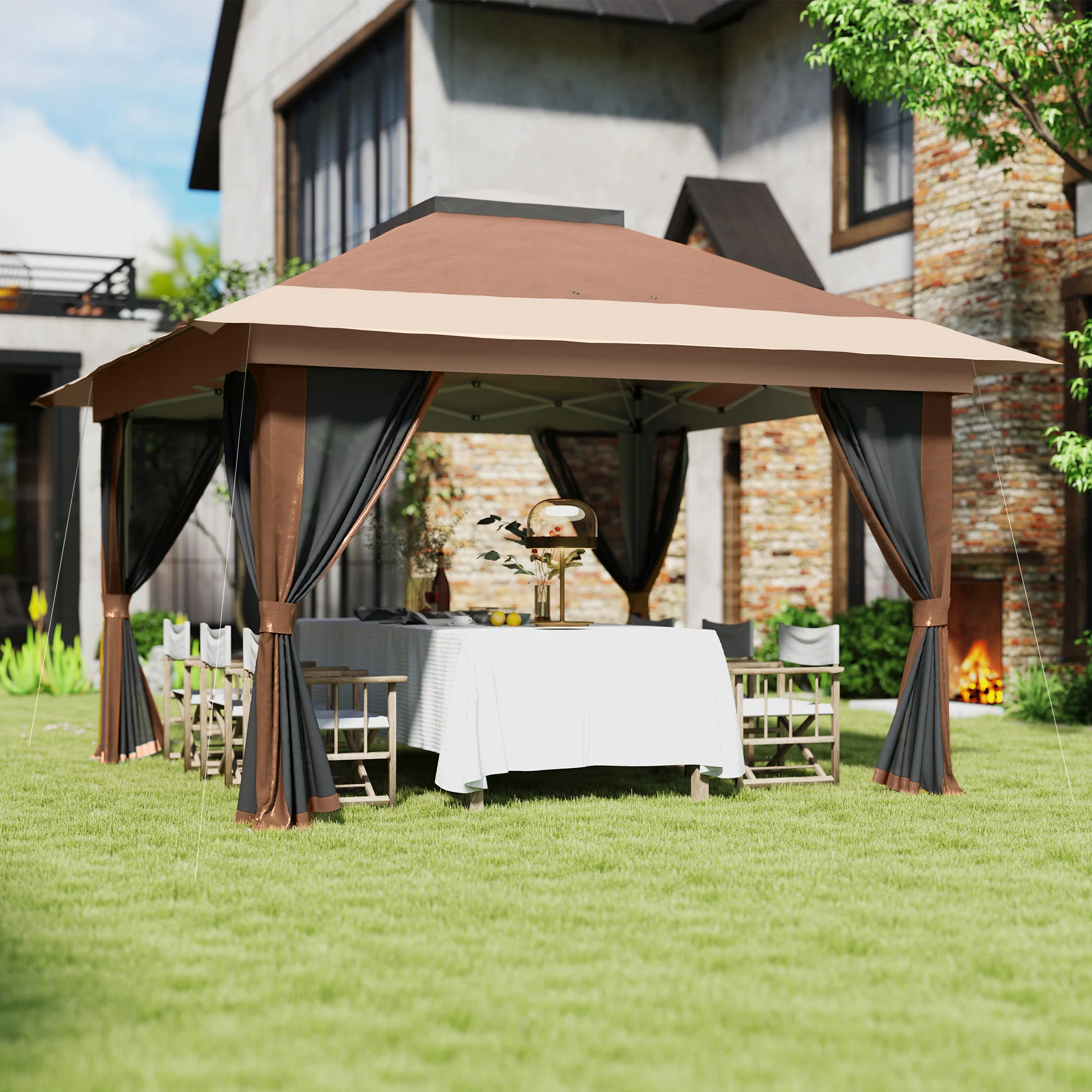 3.6 x 3.6m Pop Up Gazebo with Mesh Sides, Wheeled Carry Bag and Sand Bags, Brown - Image 4
